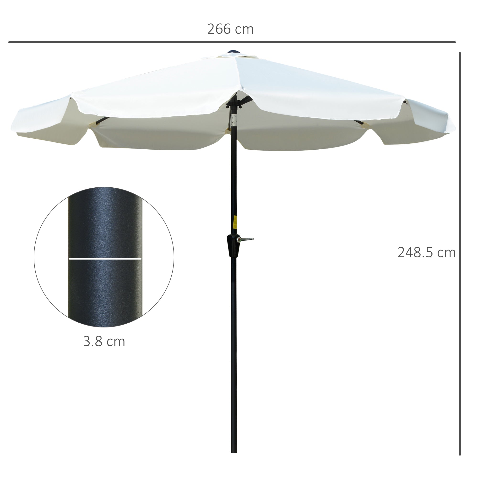 Outsunny 2.7m Patio Parasol Garden Umbrellas Outdoor Sun Shade Table Umbrella with Tilt, Crank, 8 Ribs, Ruffles, White - North Peak Garden Furniture
