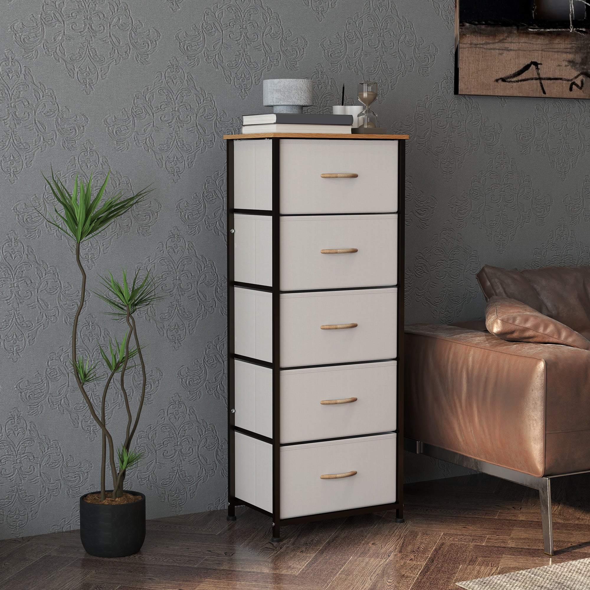 HOMCOM Fabric Chest of Drawers, Storage Drawers, Industrial Bedroom Dresser with 5 Fabric Drawers, Steel Frame and Wooden Top for Nursery, Living Room, Hallway, Cream White - North Peak Garden Furniture