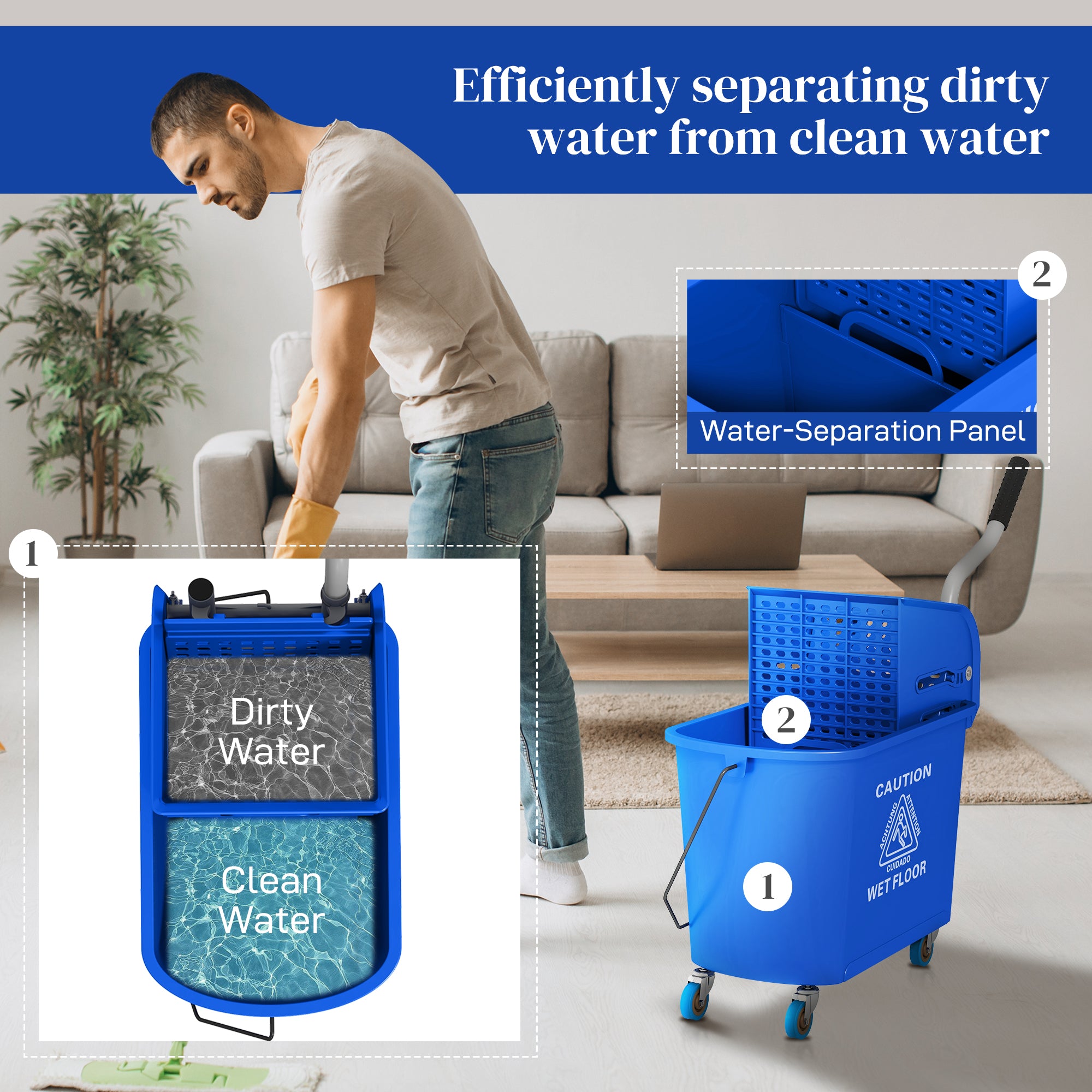 HOMCOM 20L Mop Bucket on Wheels, with Water Separation Panel - Blue - North Peak Garden Furniture
