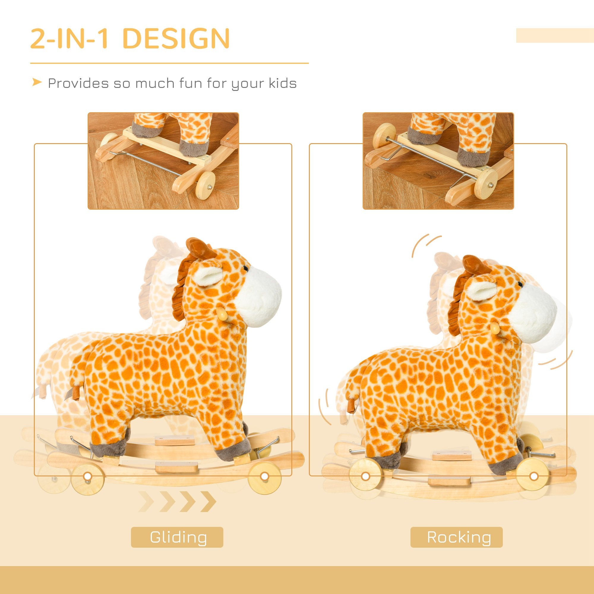 HOMCOM 2 In 1 Kids Todder Rocking Horse Plush Ride On Giraffe Rocker with Wheels Wooden Base Animal Sounds for 3-6 Years - North Peak Garden Furniture