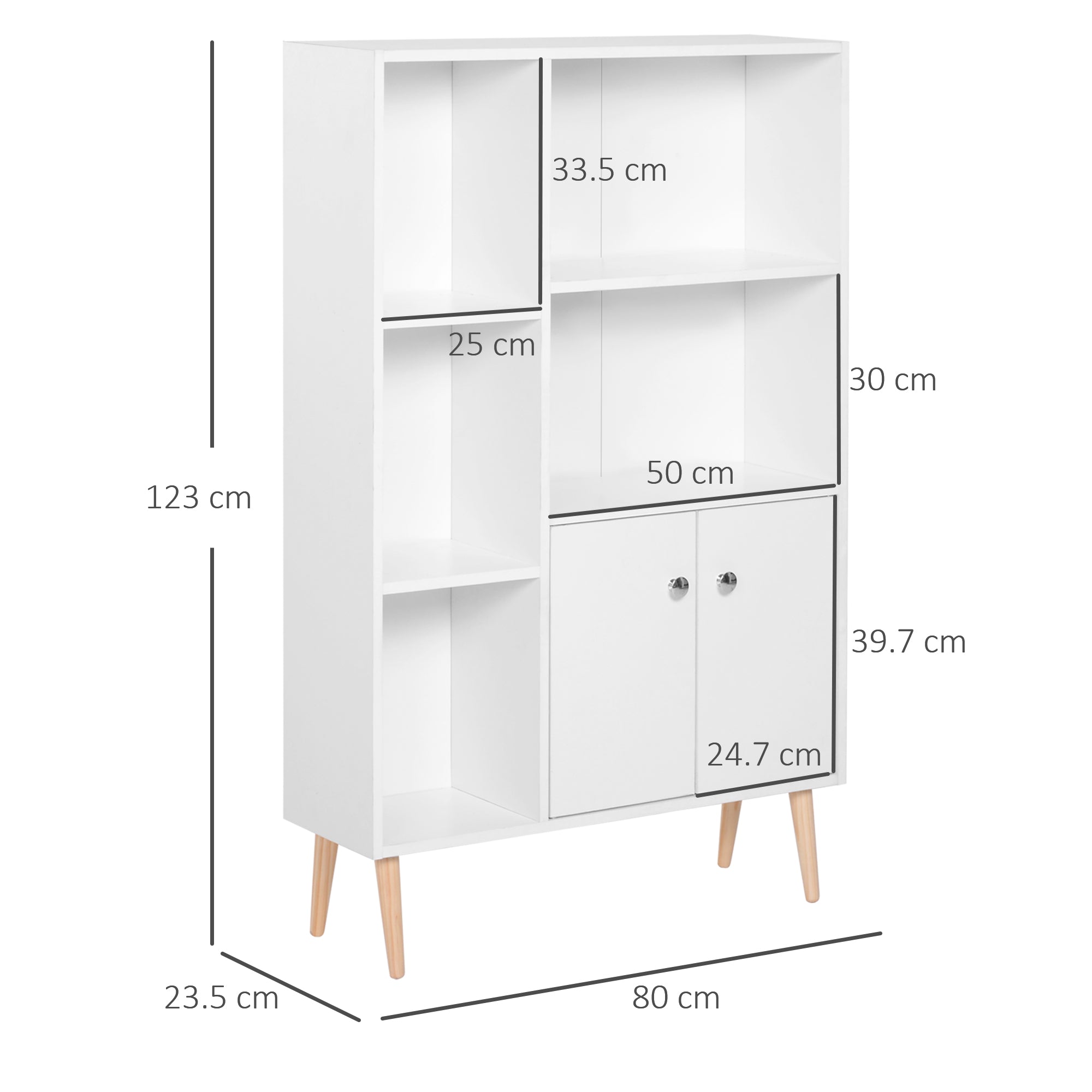 HOMCOM Sideboard Storage Cabinet Cupboard, Open Bookcase with 2 Doors 5 Compartments Wooden Modern Style for Living Room Bedroom Kitchen 80 x 23 x 123 cm, White