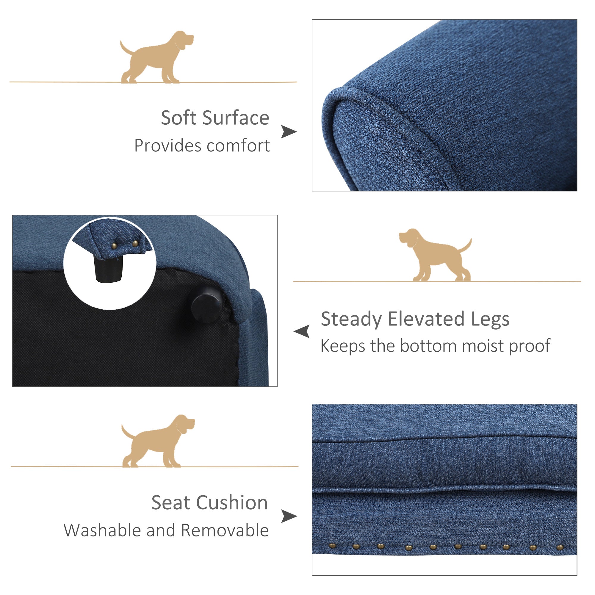 PawHut Dog Sofa for XS and S Size Dogs, Pet Chair Couch with Thick Sponge Padded Cushion, Kitten Lounge Bed with Washable Cover, Wooden Frame - Blue - North Peak Garden Furniture