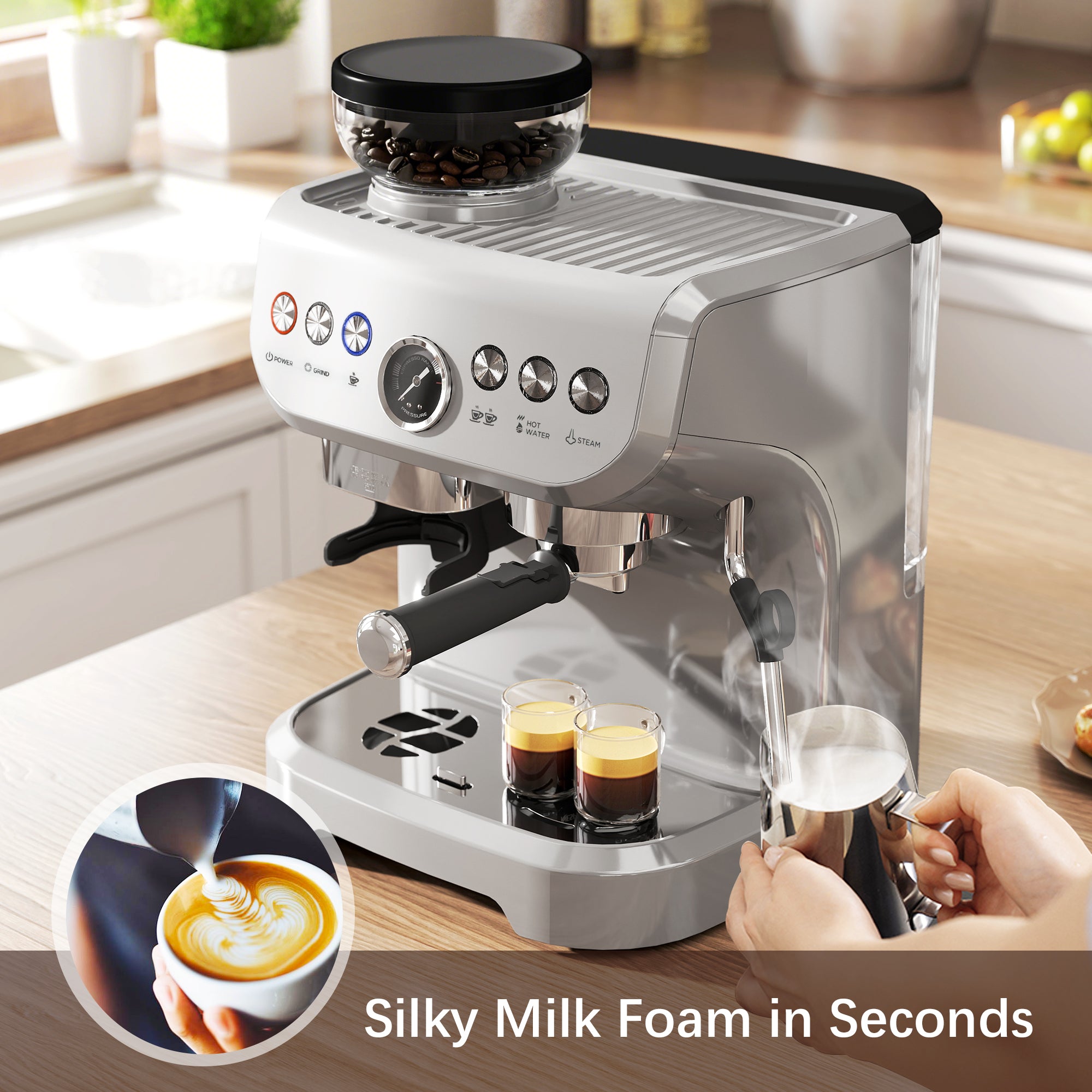 HOMCOM 15 Bar Coffee Machine, with Adjustable Grind, Steamer and Accessories - Silver Colour - North Peak Garden Furniture