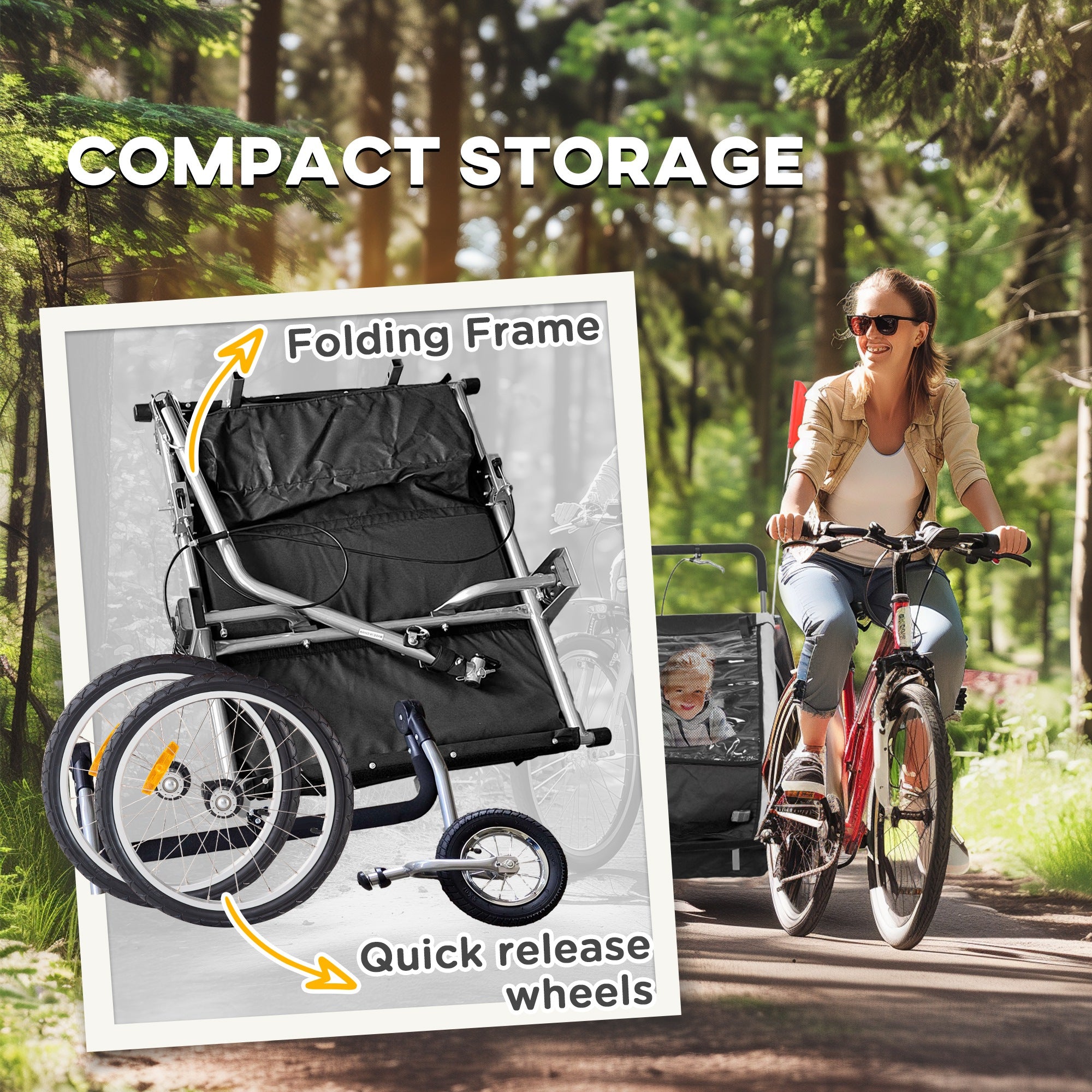 HOMCOM 2 Seat Bike Trailer with 5 Point Harness, Baby Bike Stroller with Safety Flag, Reflectors, for 18+ Months, Black - North Peak Garden Furniture