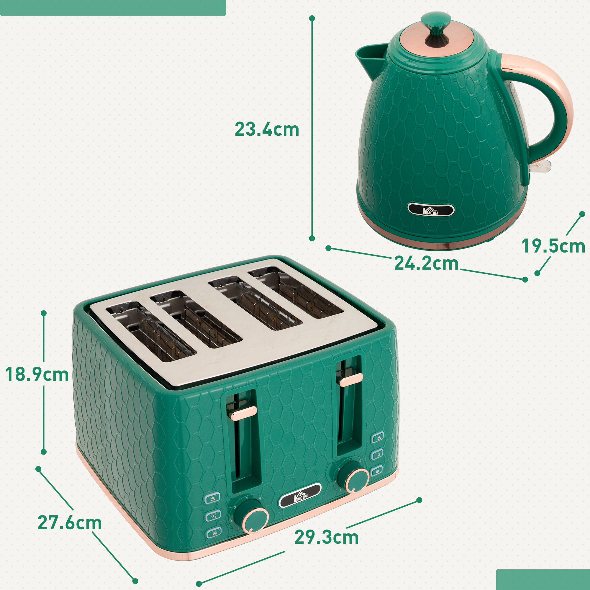 HOMCOM Kettle and Toaster Set, 1.7L 3000W Fast Boil Jug Kettle with Auto Shut Off, 4 Slice Toaster with 7 Level Browning Controls & Crumb Tray, Green - North Peak Garden Furniture