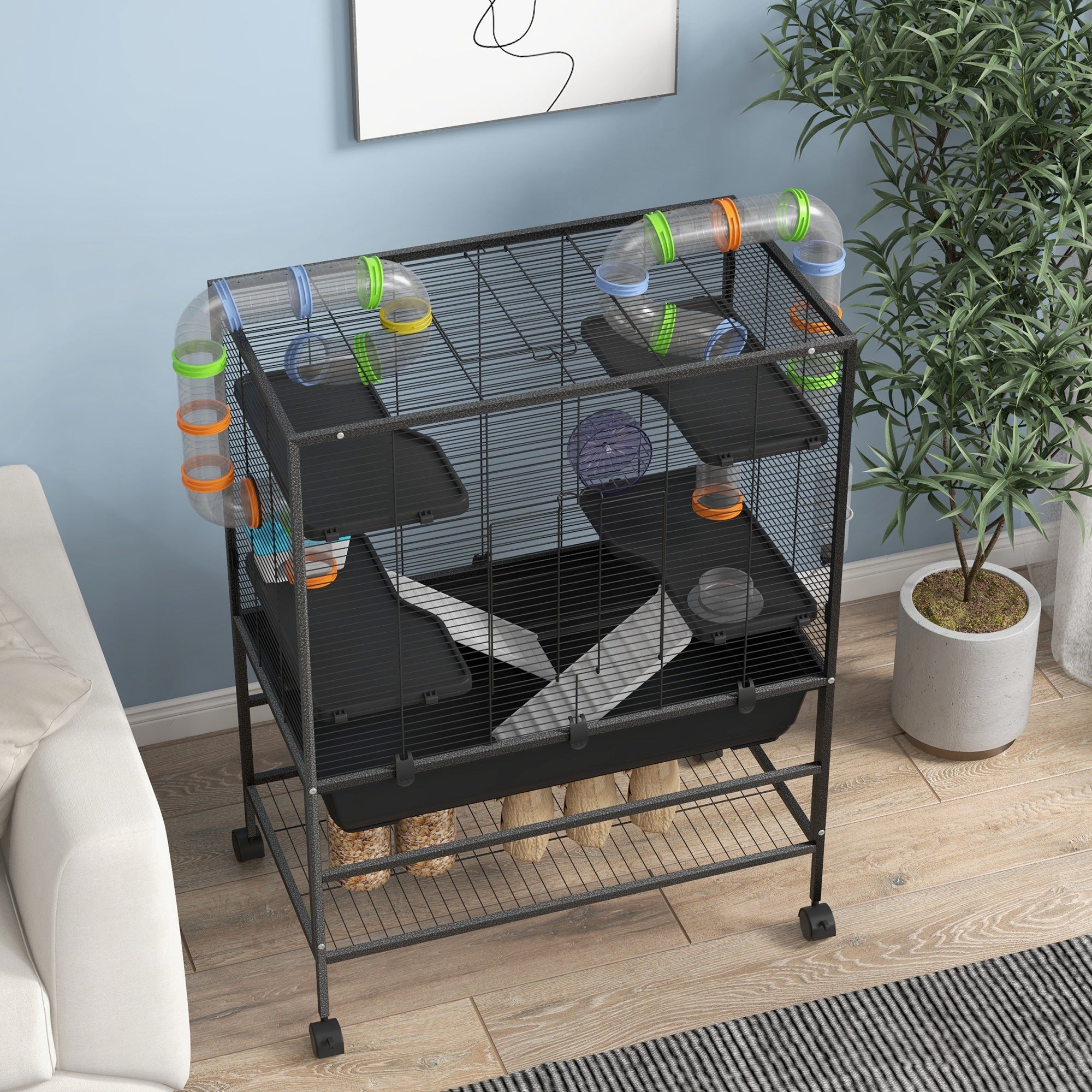 PawHut Large Hamster Cage, Gerbil Cage with Tubes, Storage Shelf, Ramps, Platforms, Running Wheel - Black - North Peak Garden Furniture