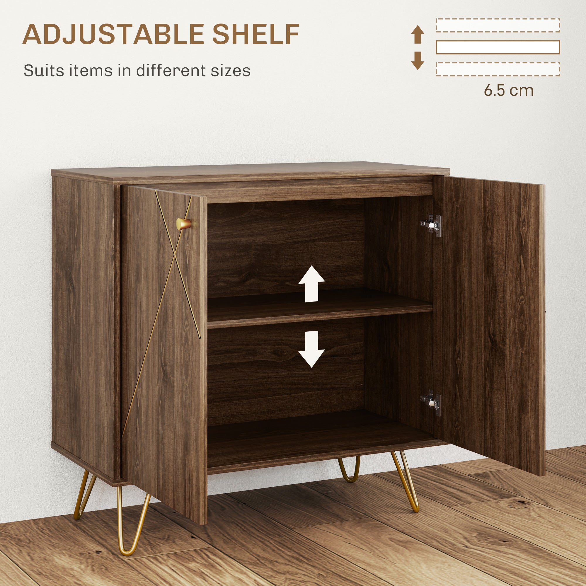 HOMCOM Sideboard Storage Cabinet with Golden Steel Lines, modern rustic Kitchen Buffet Cabinet with Adjustable Shelf Steel Legs for Living Room Dining Room, Brown - North Peak Garden Furniture