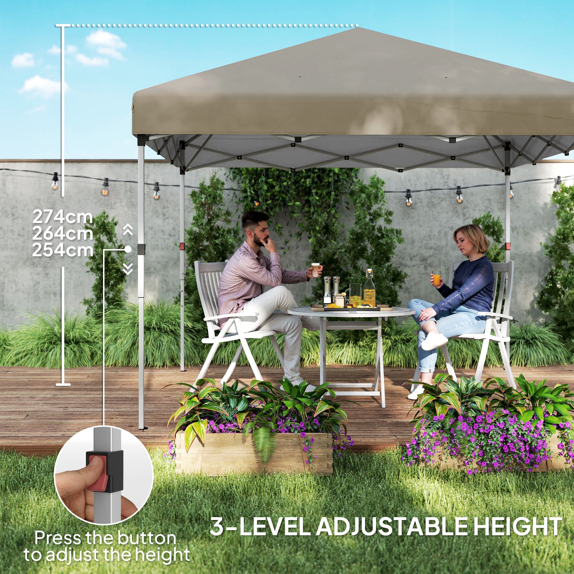 Outsunny 3 x 3 (M) Pop Up Gazebo, UPF 30+ with 2 Sidewalls, Leg Weight Bags and Wheeled Bag, Height Adjustable Party Tent Event Shelter for Garden, Patio, Khaki - North Peak Garden Furniture