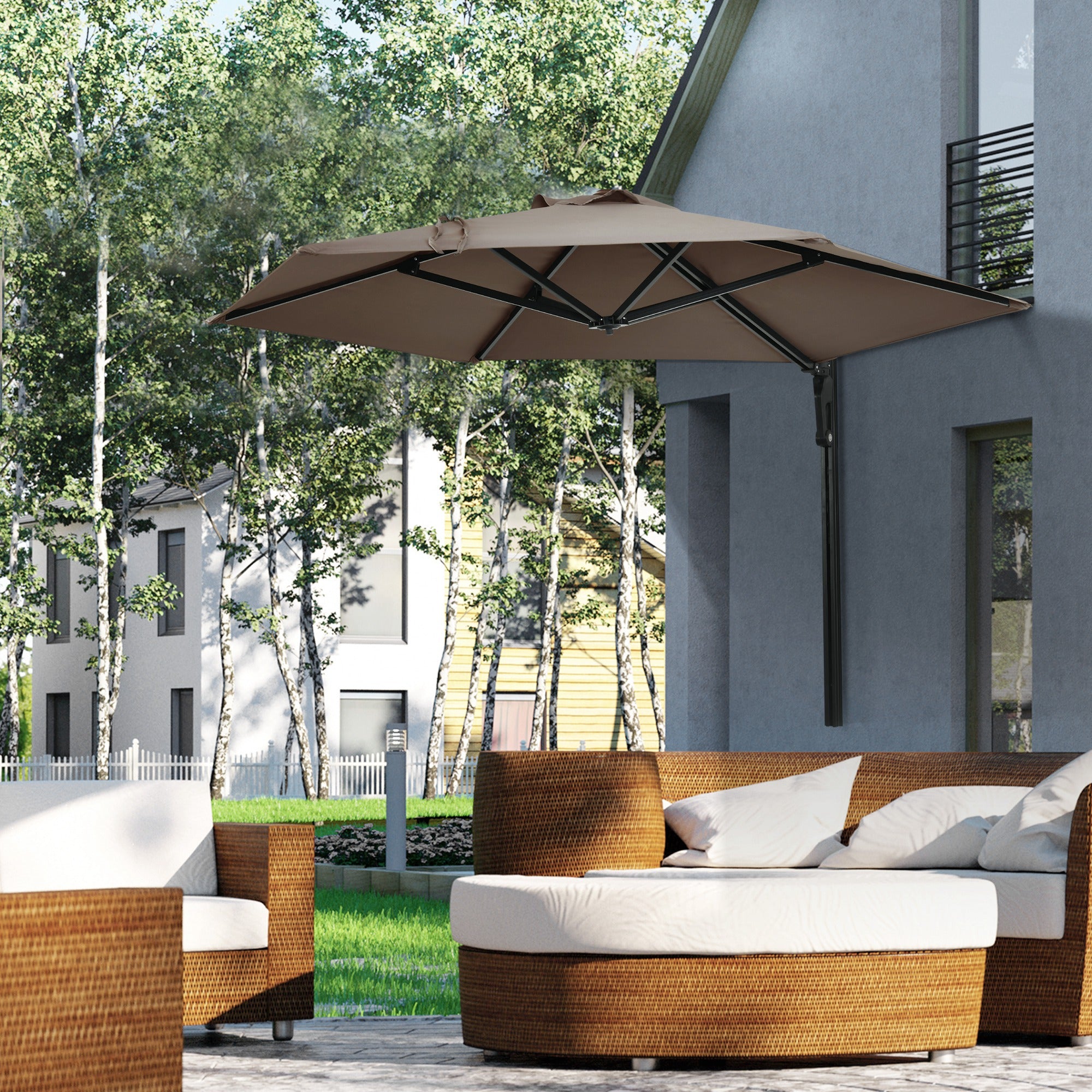 Outsunny 2.5m Wall Mounted Parasol, Hand to Push Outdoor Patio Umbrella with 180 Degree Rotatable Canopy for Porch, Deck, Garden, 250 cm, Khaki - North Peak Garden Furniture
