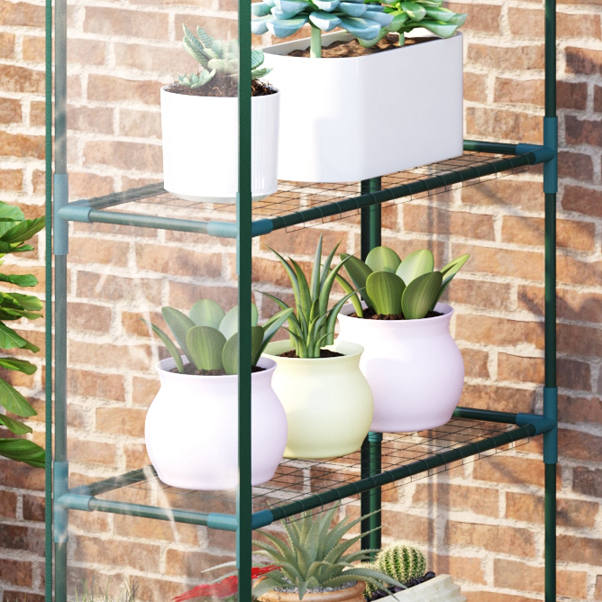 Outsunny Walk in Greenhouse with 4-Tier 8 Shelves, Green House with Hemmed Cover, Roll-up Zipped Door, Steel Frame, 143 x 73 x 195cm - North Peak Garden Furniture