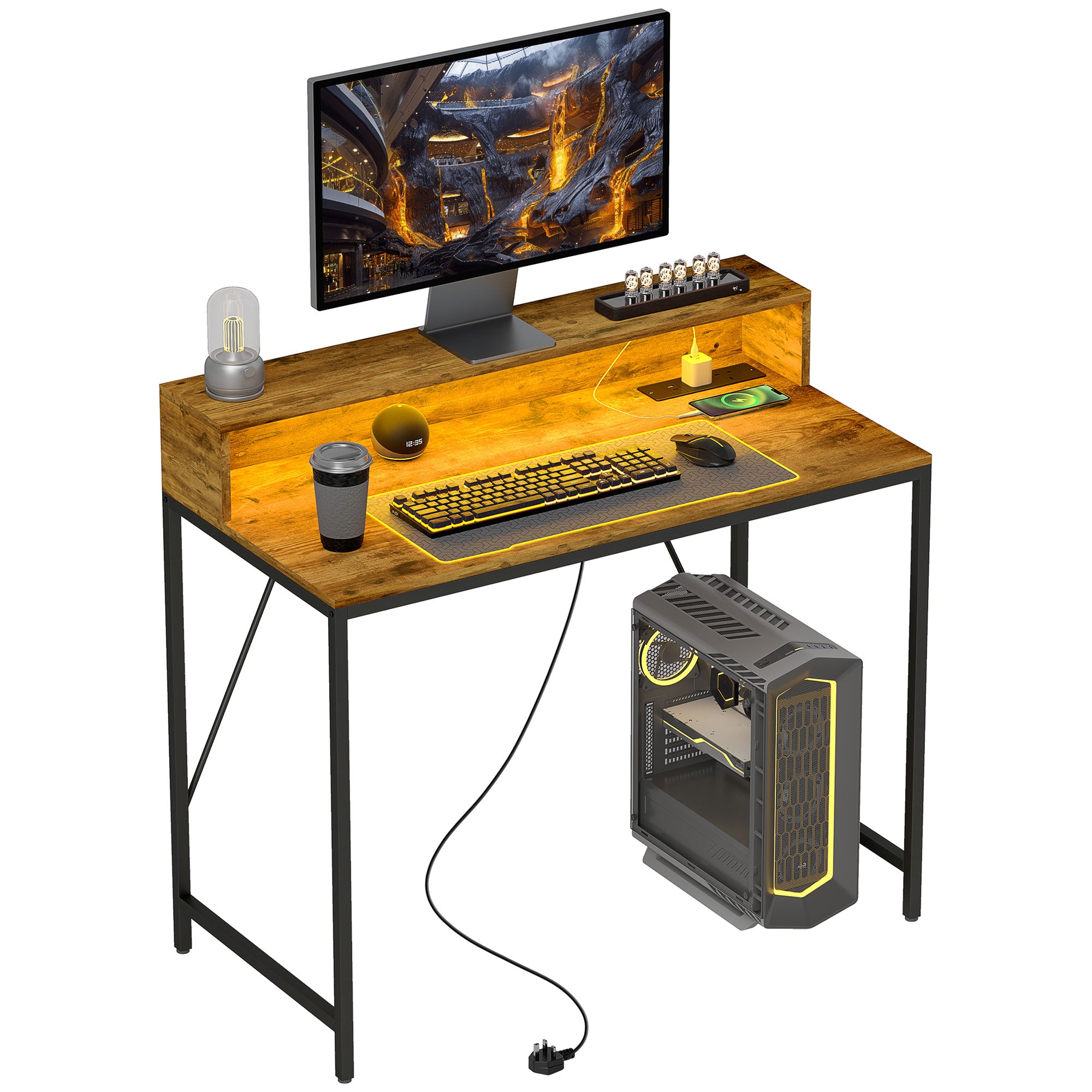 HOMCOM Computer Desk with LED Lights and Power Outlets, Gaming Desk with Monitor Stand, Computer Table with Remote for Home Office Study, Rustic Brown - North Peak Garden Furniture