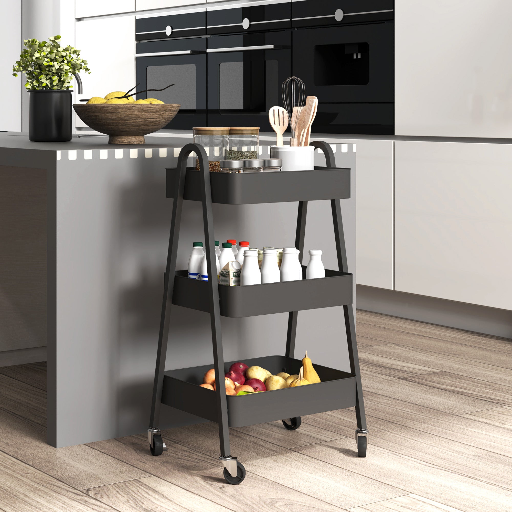 HOMCOM 3-Tier Storage Trolley on Wheels - Black - North Peak Garden Furniture