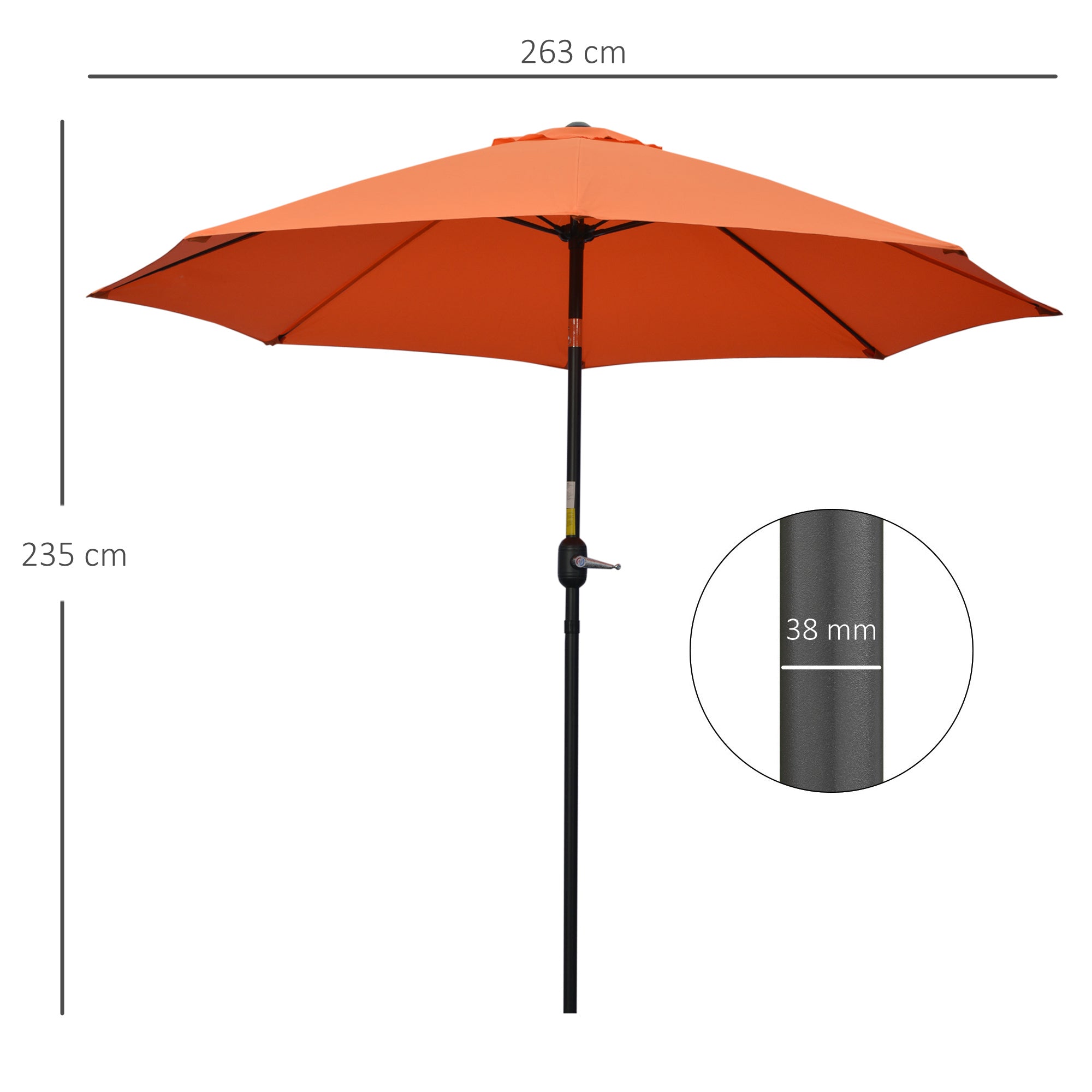 Outsunny 2.6M Patio Parasol Sun Umbrella, Tilt Shade Shelter Canopy with Crank 8 Ribs Aluminium Frame, Orange - North Peak Garden Furniture