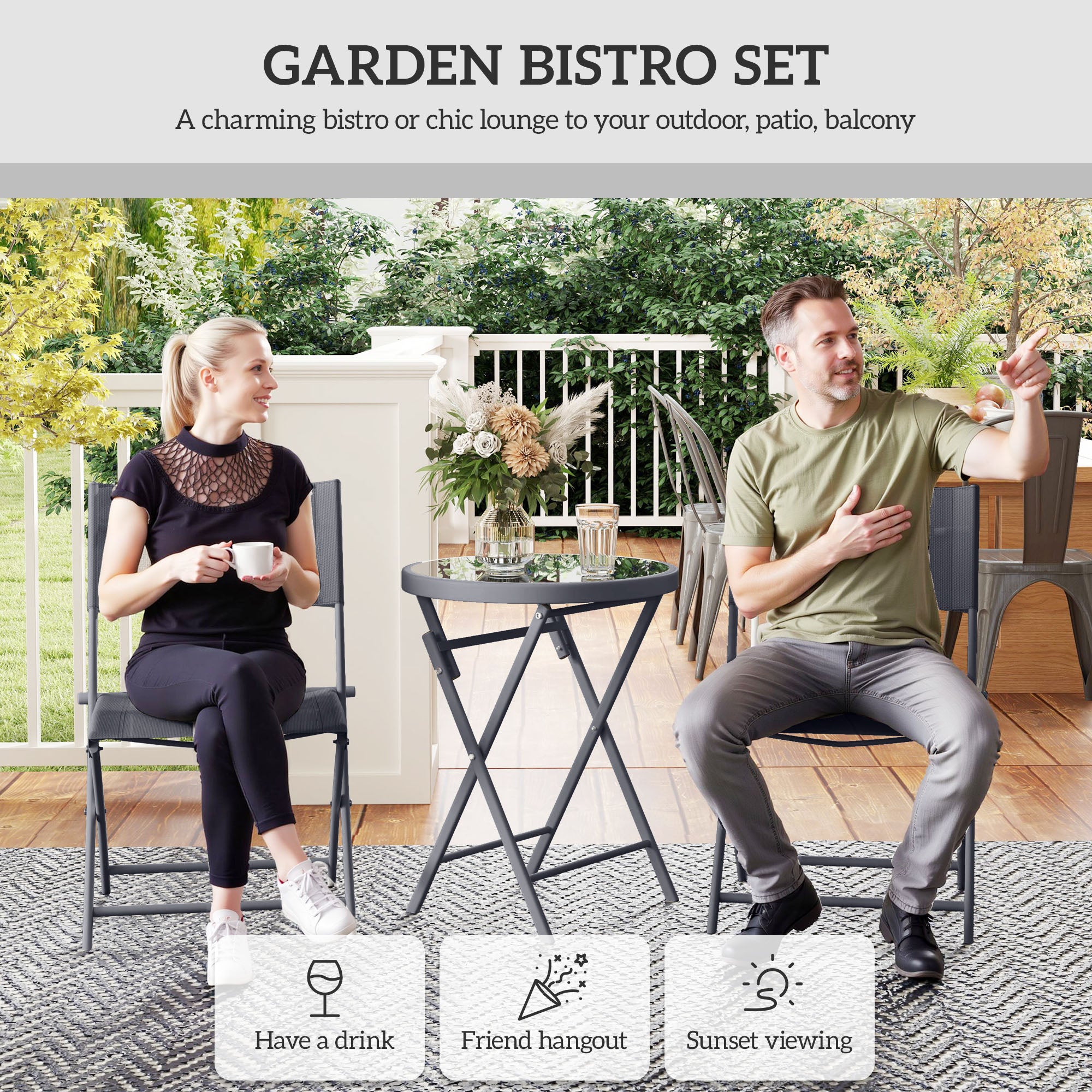 Outsunny 3 Pieces Outdoor Bistro Set, Glass Top Outdoor Table and 2 Folding Chairs with Protecting Feet, Grey - North Peak Garden Furniture
