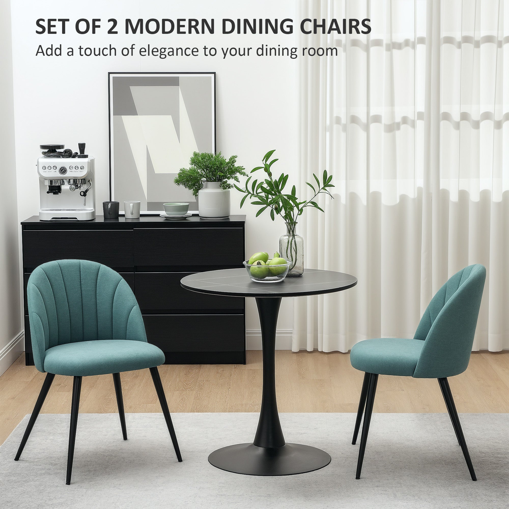 HOMCOM Velvet Dining Chairs Set of 2, Modern Upholstered Kitchen Chairs with Metal Legs, Shell Backrest and Padded Seat for Dining Room, Bedroom, Living Room, Vanity, Green - North Peak Garden Furniture