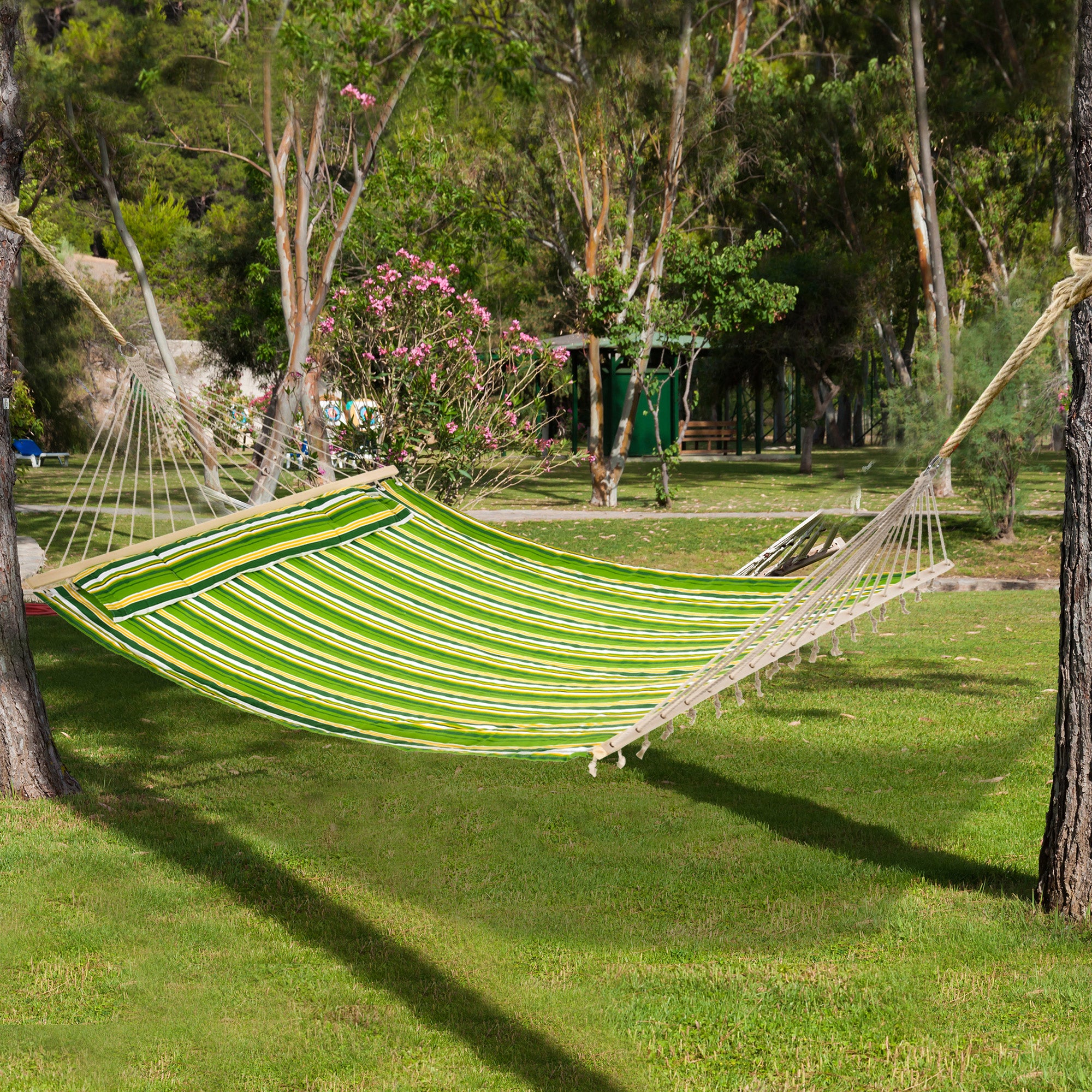 Outsunny Double Cotton Hammock Camping Swing Outdoor Garden Beach Stripe Hanging Bed with Pillow 188L x 140W cm, Green - North Peak Garden Furniture