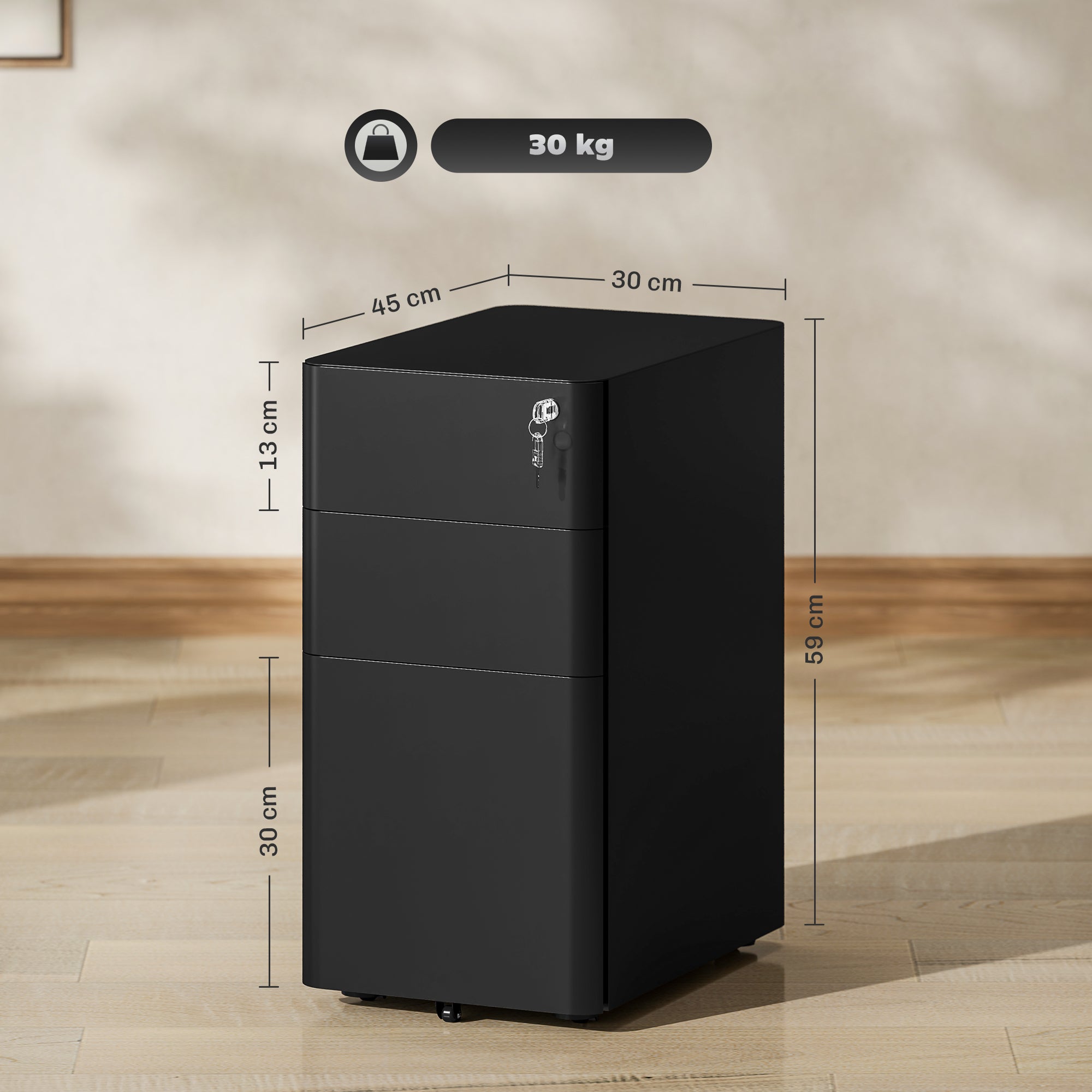 Vinsetto 3-Drawer Steel Filing Cabinet with Lock - Black - North Peak Garden Furniture