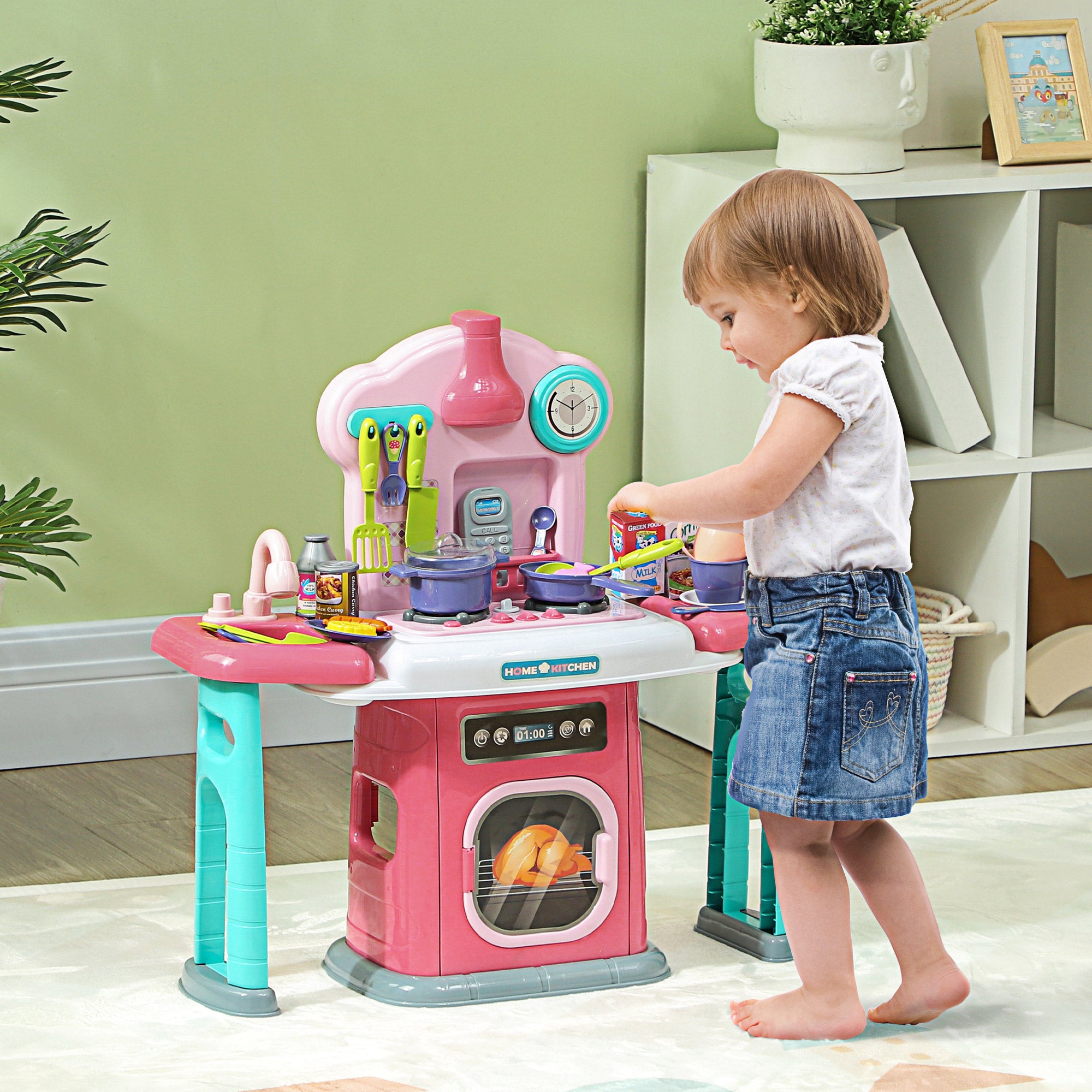 AIYAPLAY 45-Piece Kids Kitchen, Toy Kitchen, with Rotating Side Tables, Lights, Sound Spray - North Peak Garden Furniture
