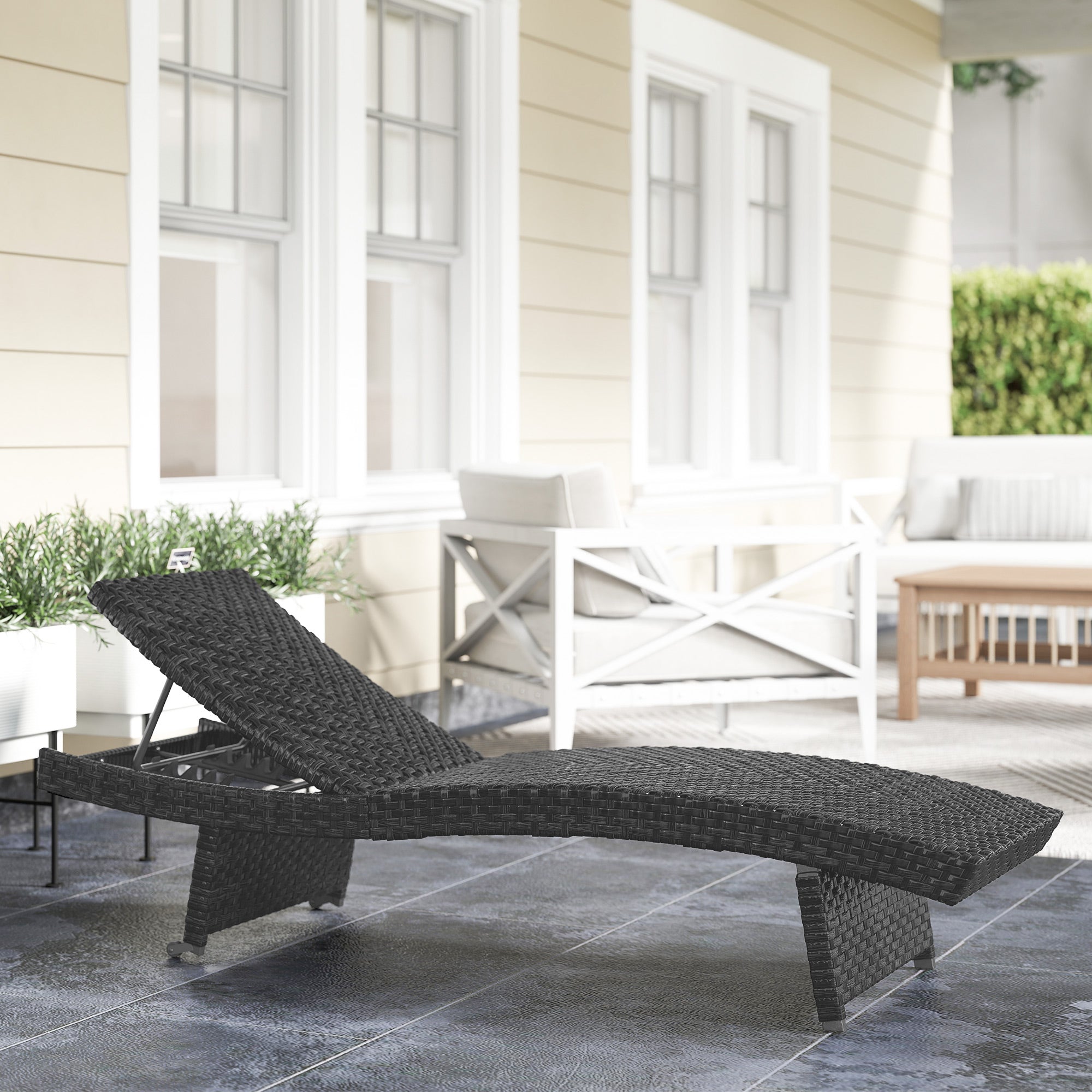 Outsunny Outdoor PE Rattan Sun Lounger, Folding Wicker Garden Lounger Recliner with 4-Level Adjustable Backrest, Rolling Sunbed Lounge Chair with Wheels, Non-Slip Legs for Balcony, Beach, Black - North Peak Garden Furniture