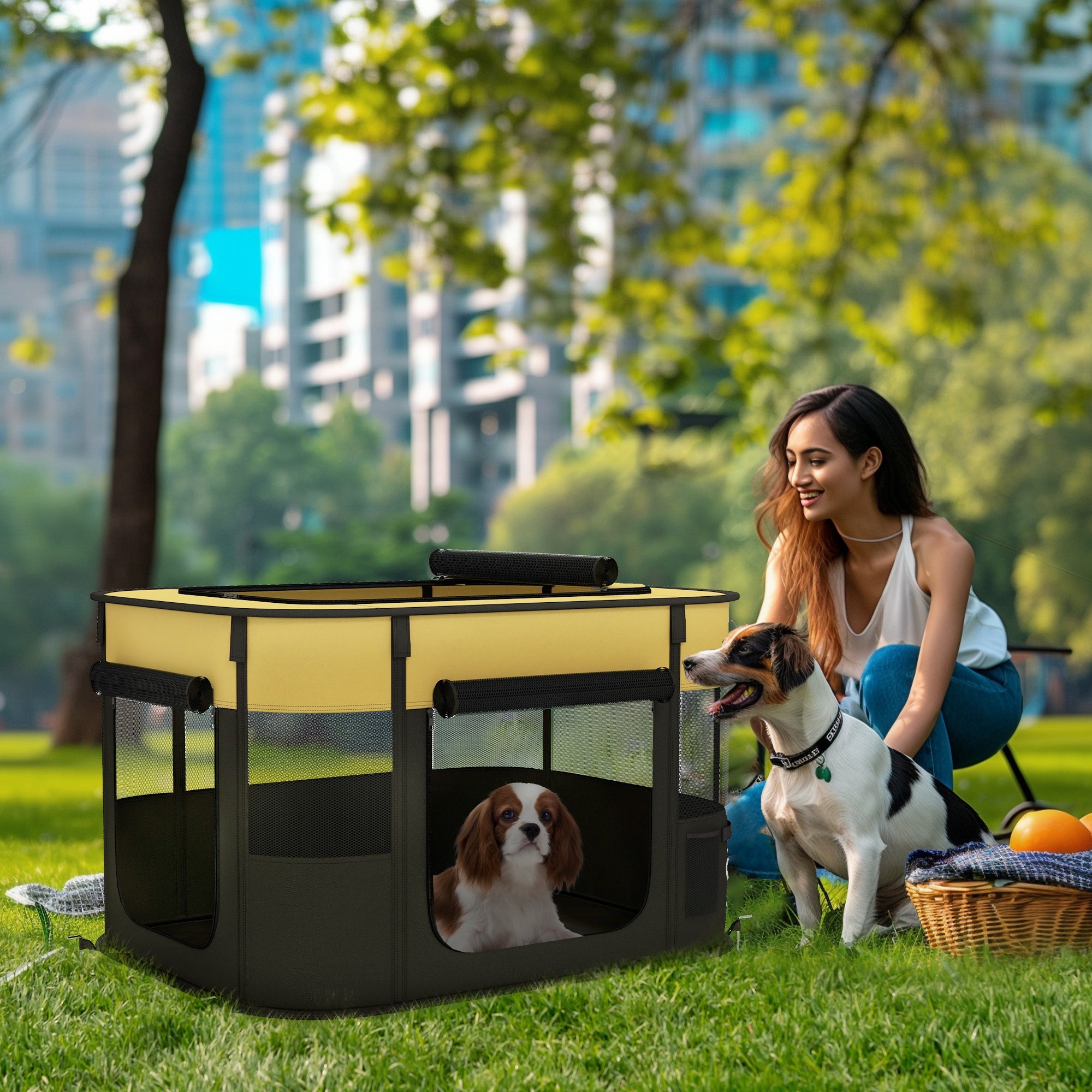 PawHut Foldable Dog Pen with Storage Bag for Indoor/Outdoor Use, Portable Pet playpen, with Ground Stakes - Yellow - North Peak Garden Furniture