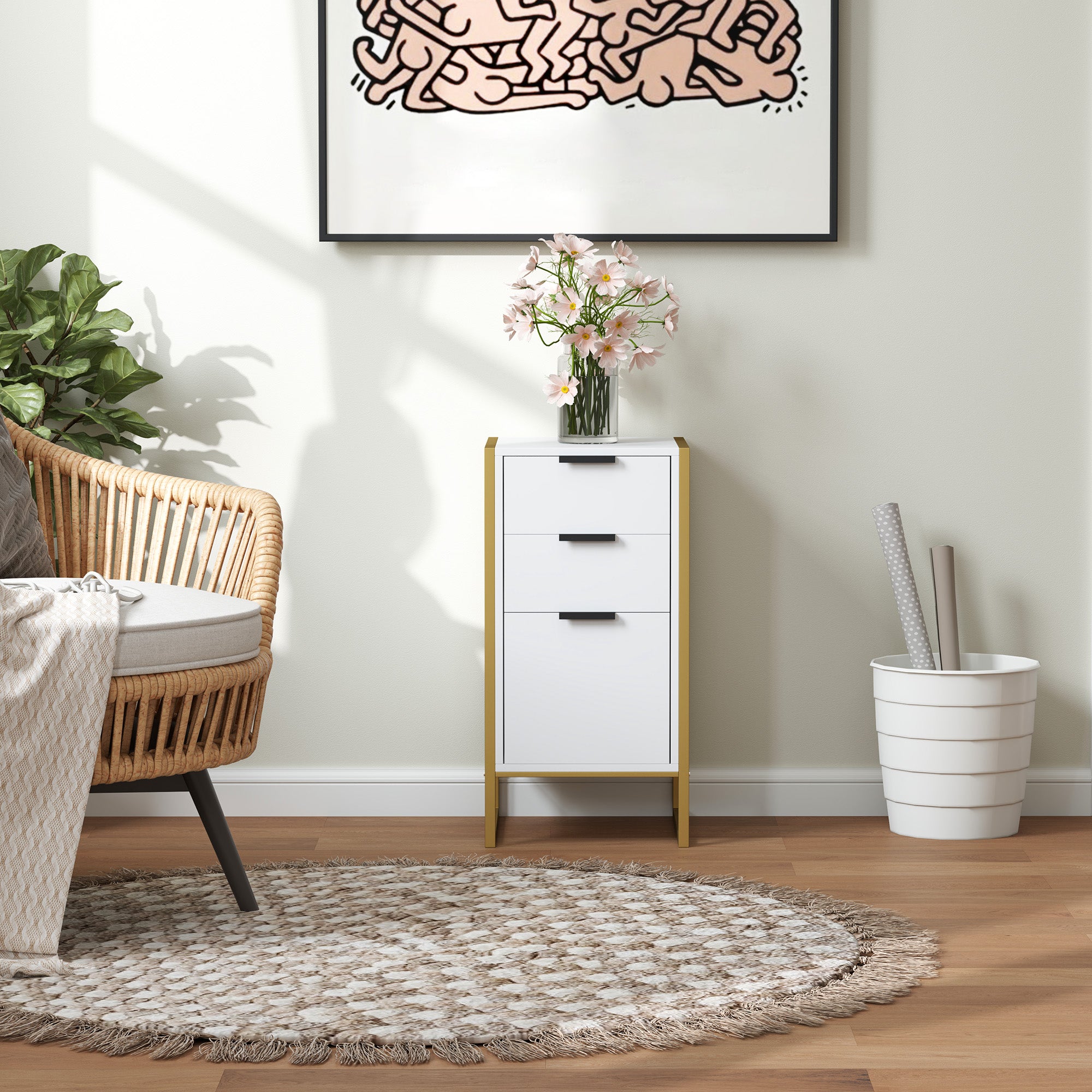 HOMCOM Bedroom Chest of Drawers, Industrial 3-Drawer Dresser, Storage Drawers Unit with Metal Frame for Living Room, White - North Peak Garden Furniture