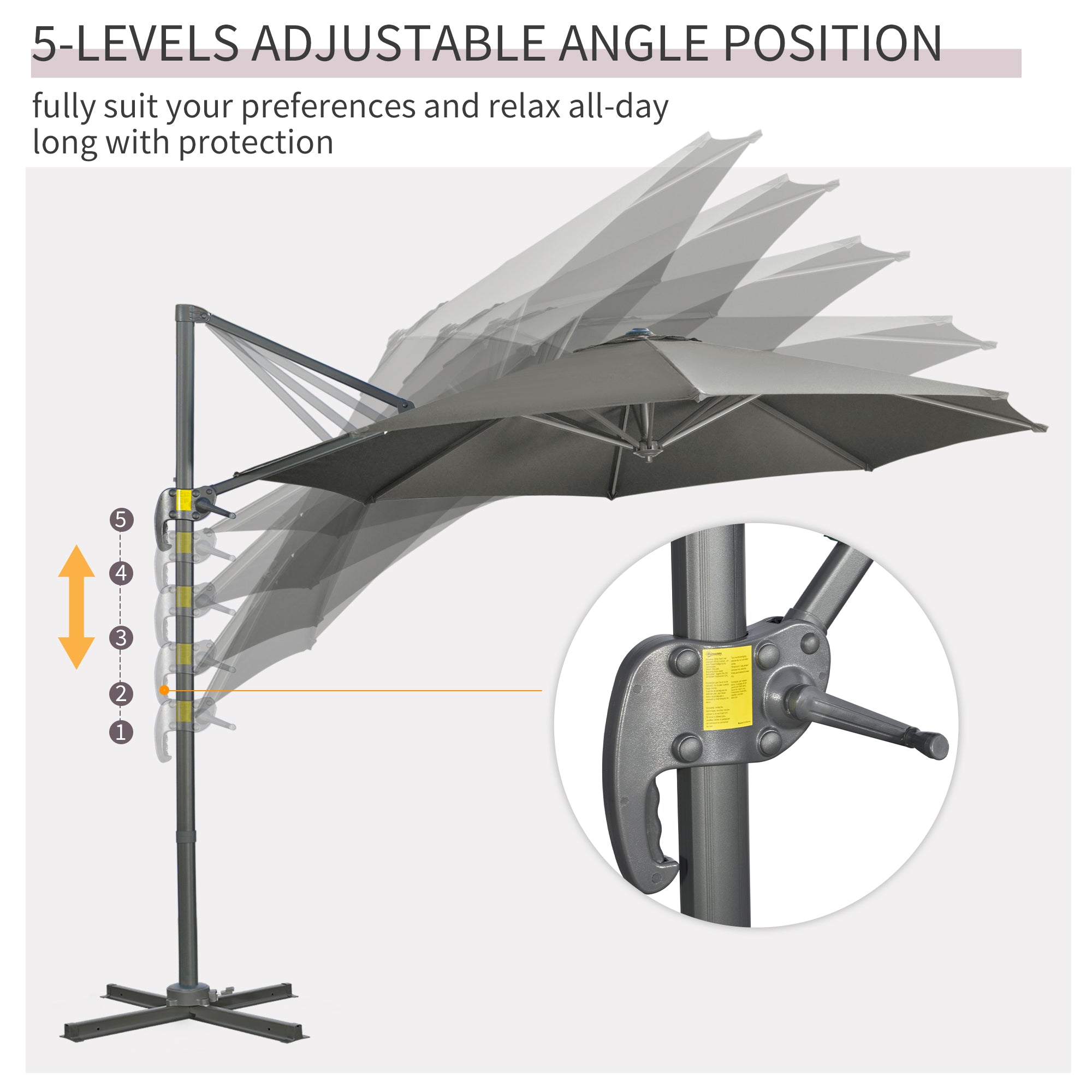 Outsunny 3 x 3(m) Cantilever Parasol with Cross Base, Garden Umbrella with 360° Rotation, Crank Handle and Tilt for Outdoor, Patio, Grey - North Peak Garden Furniture