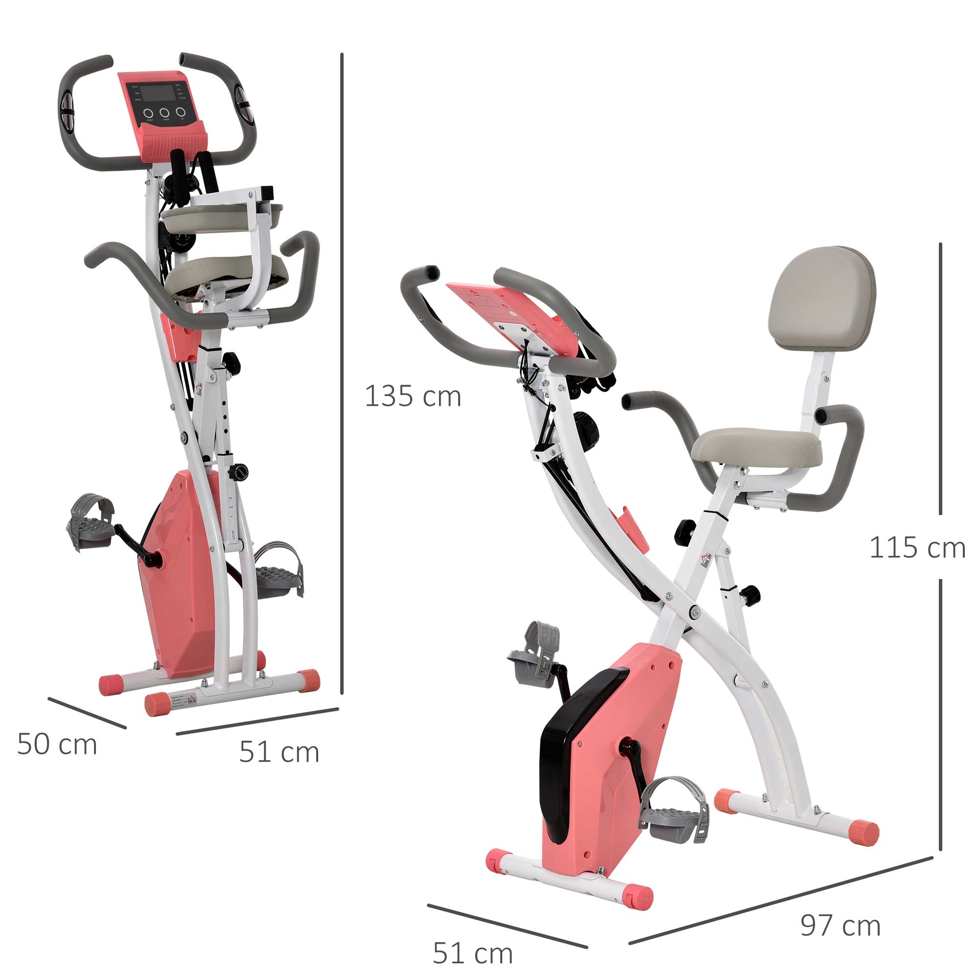 HOMCOM 2-in-1 Folding Exercise Bike with 8-Level Magnetic Resistance, Arm Resistance Band, Pulse Sensor, Pink - North Peak Garden Furniture
