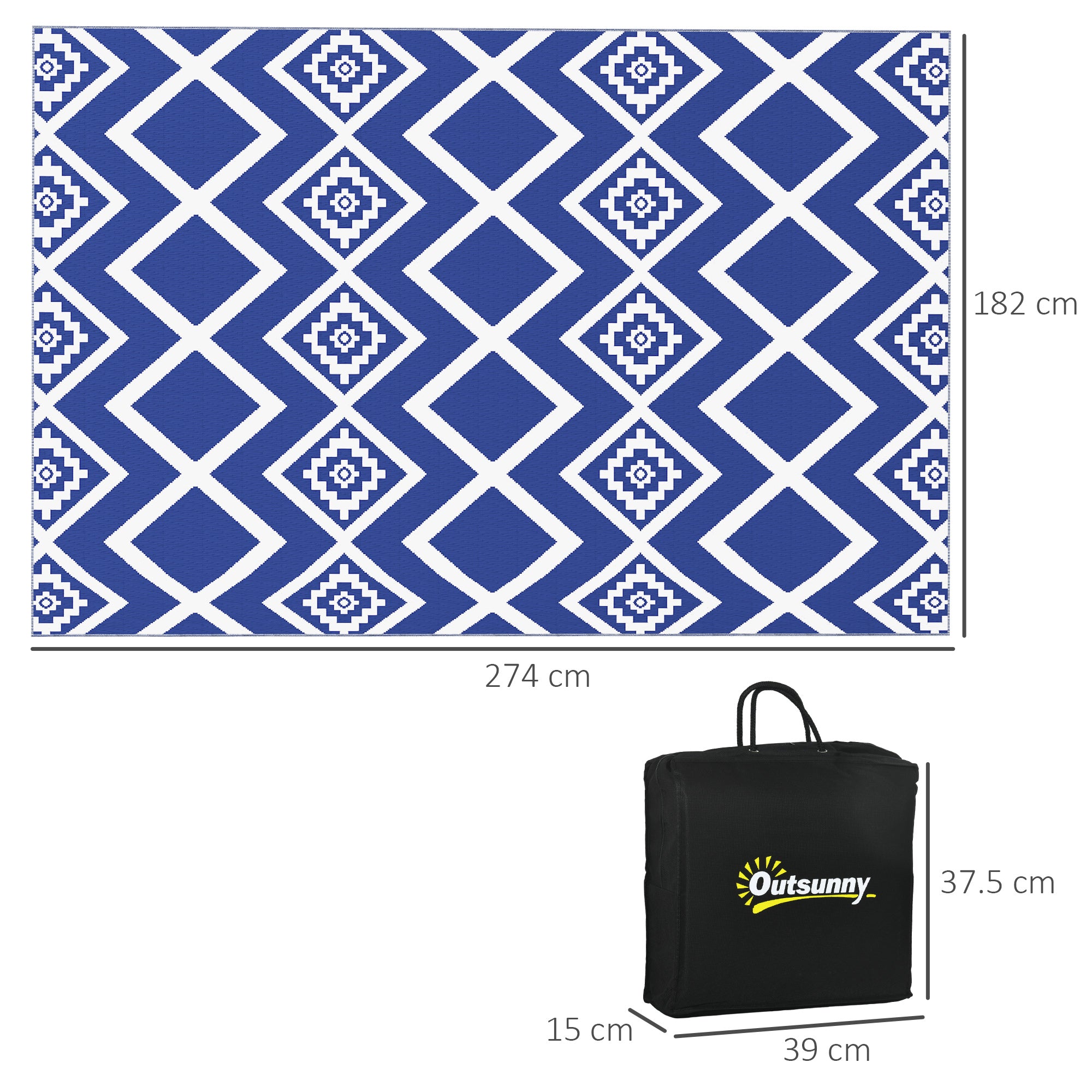 Outsunny Plastic Straw Reversible RV Outdoor Rug with Carry Bag, 182 x 274cm, Blue and White - North Peak Garden Furniture