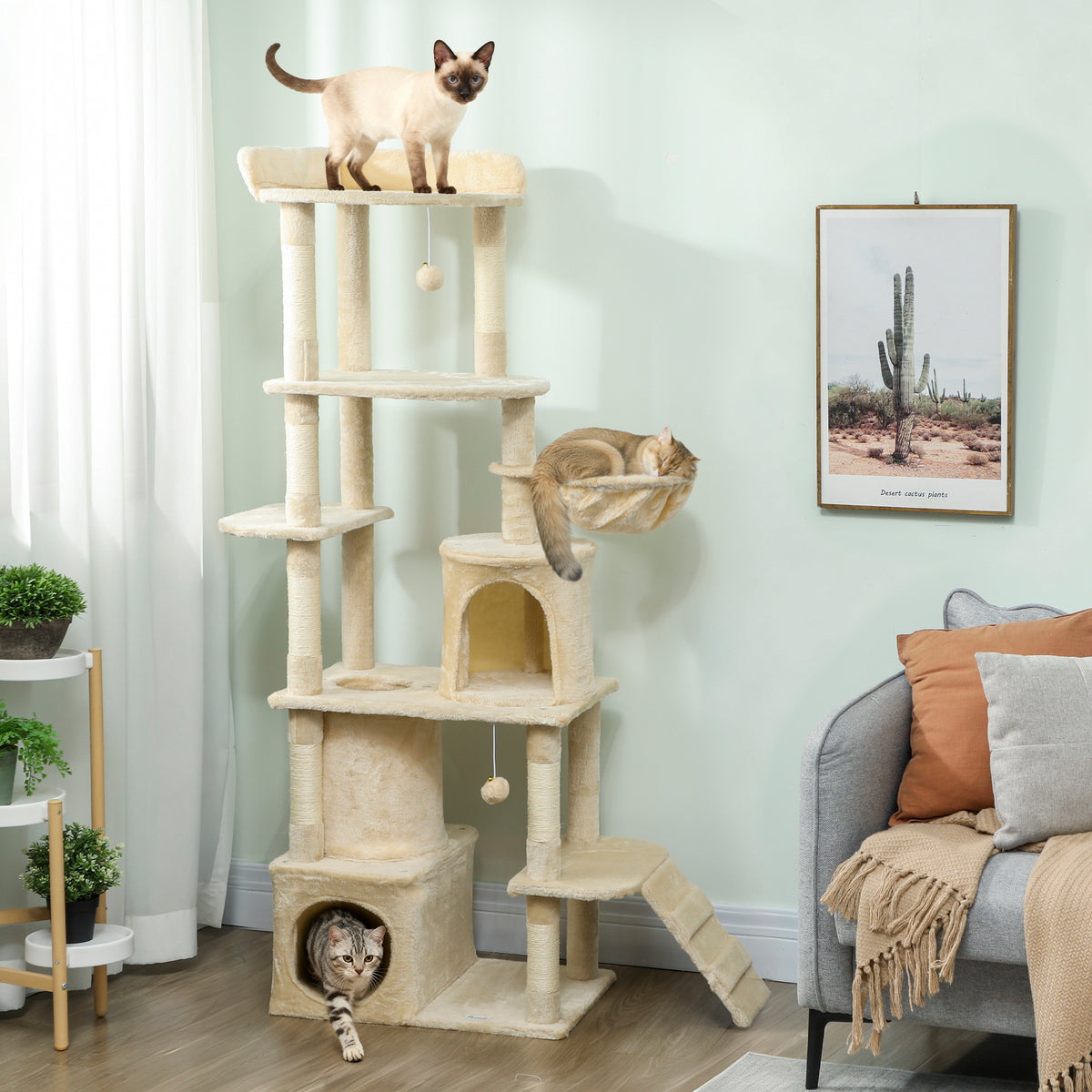PawHut 170 cm Large Cat Tree, Cat Tower with 7 Scratching Posts, Tunnel, 2 Condos, Hammock, Perch, Ramp, Pompoms, Beige