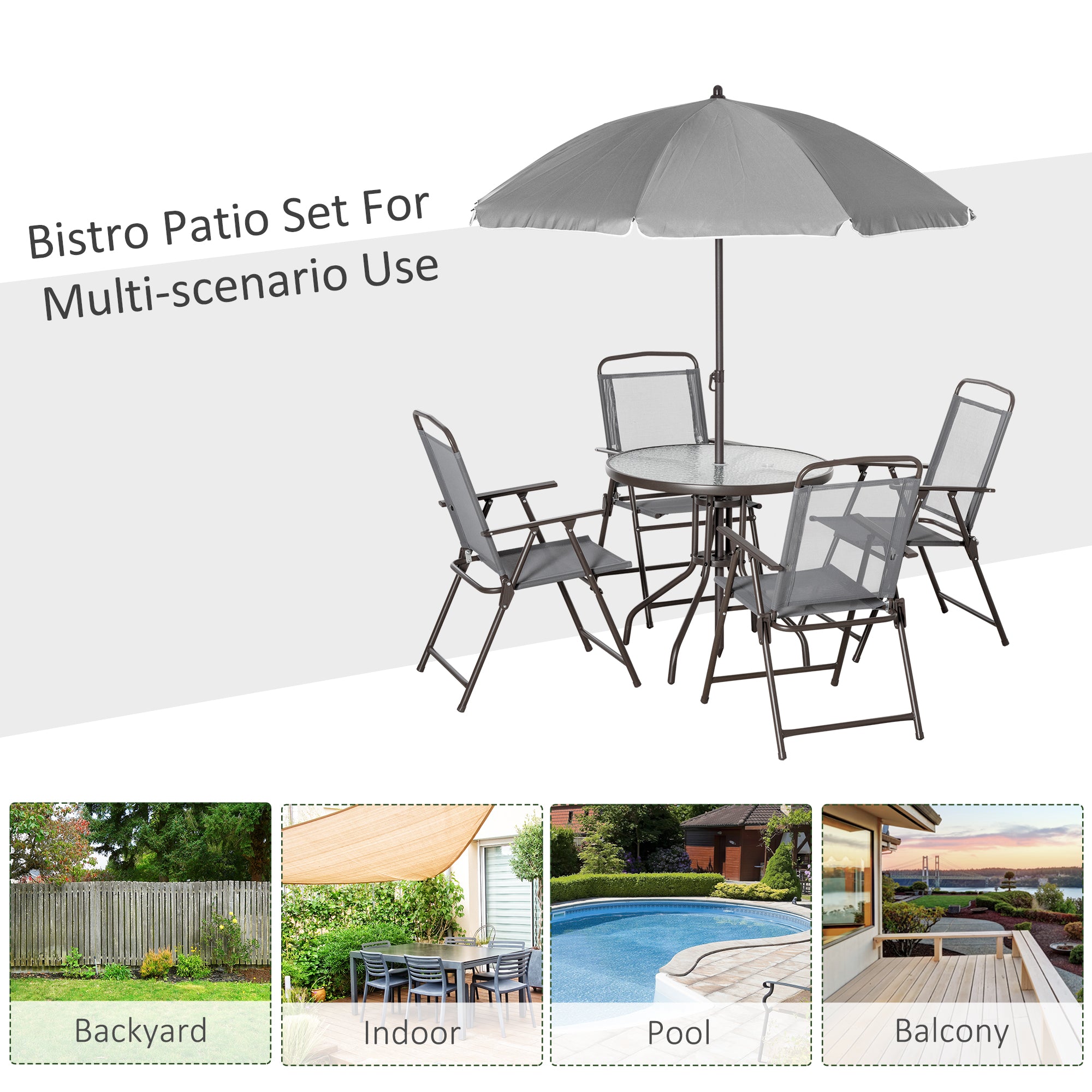 Outsunny 6 Piece Garden Dining Set with Umbrella, Patio Sets with Parasol with 4 Folding Dining Chairs & Round Tempered Glass Table, Grey - North Peak Garden Furniture