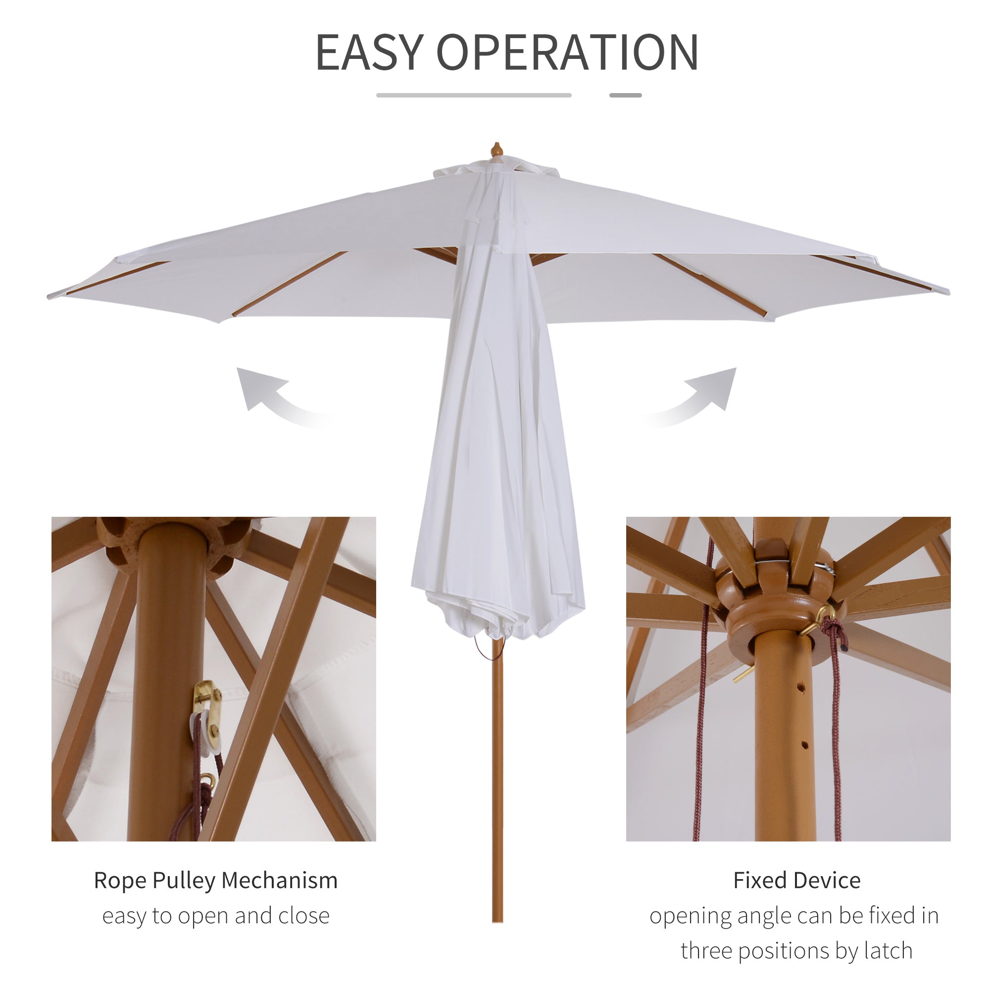 Outsunny 3(m) Garden Parasol, Pulley Operated Patio Umbrella, Wooden Table Market Umbrella with Rope Pulley Mechanism and 8 Ribs, Cream White - North Peak Garden Furniture