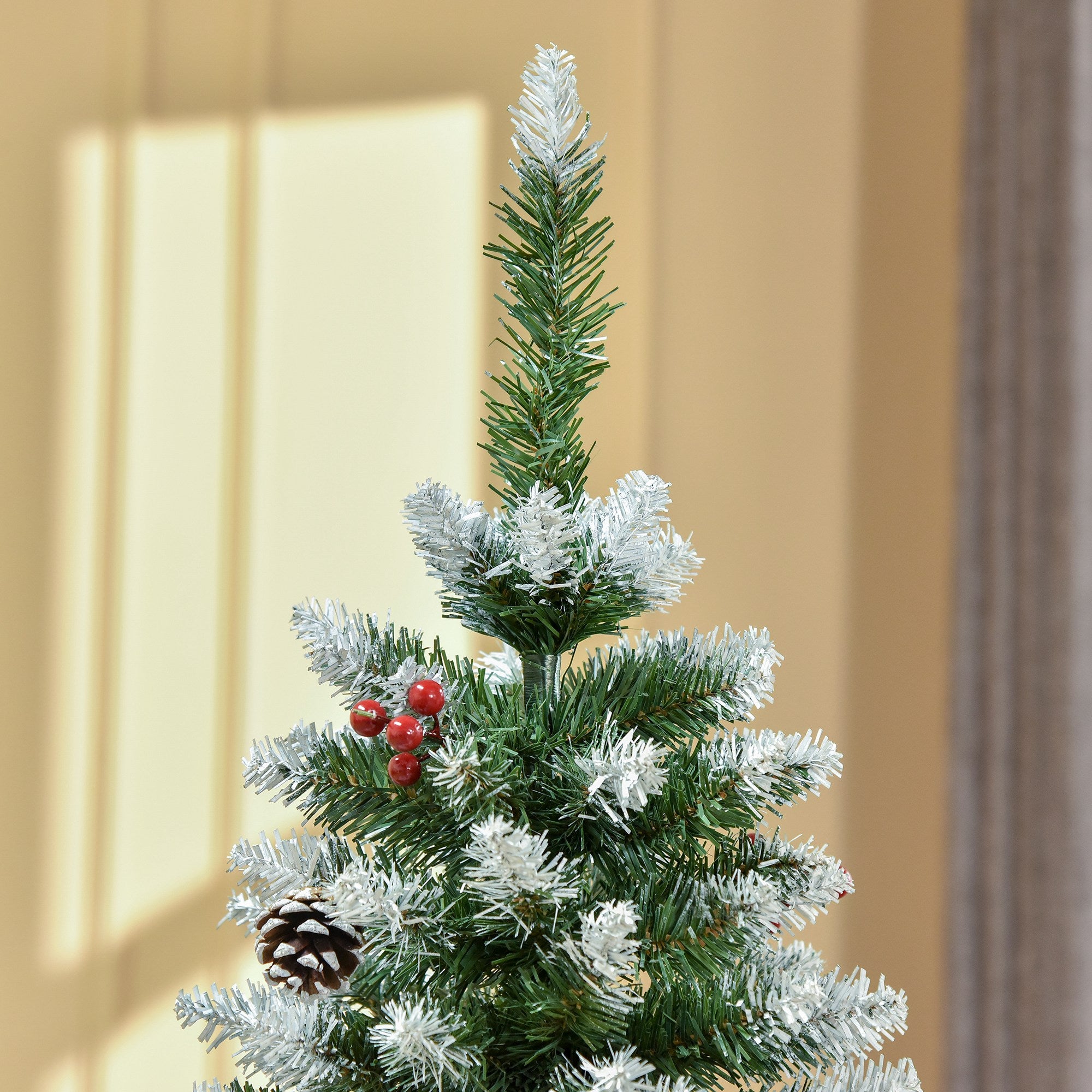 HOMCOM 5FT Artificial Christmas Tree Xmas Pencil Tree with Red Berries and Pinecones Holiday Home Indoor Decoration with Foldable Feet, Green - North Peak Garden Furniture