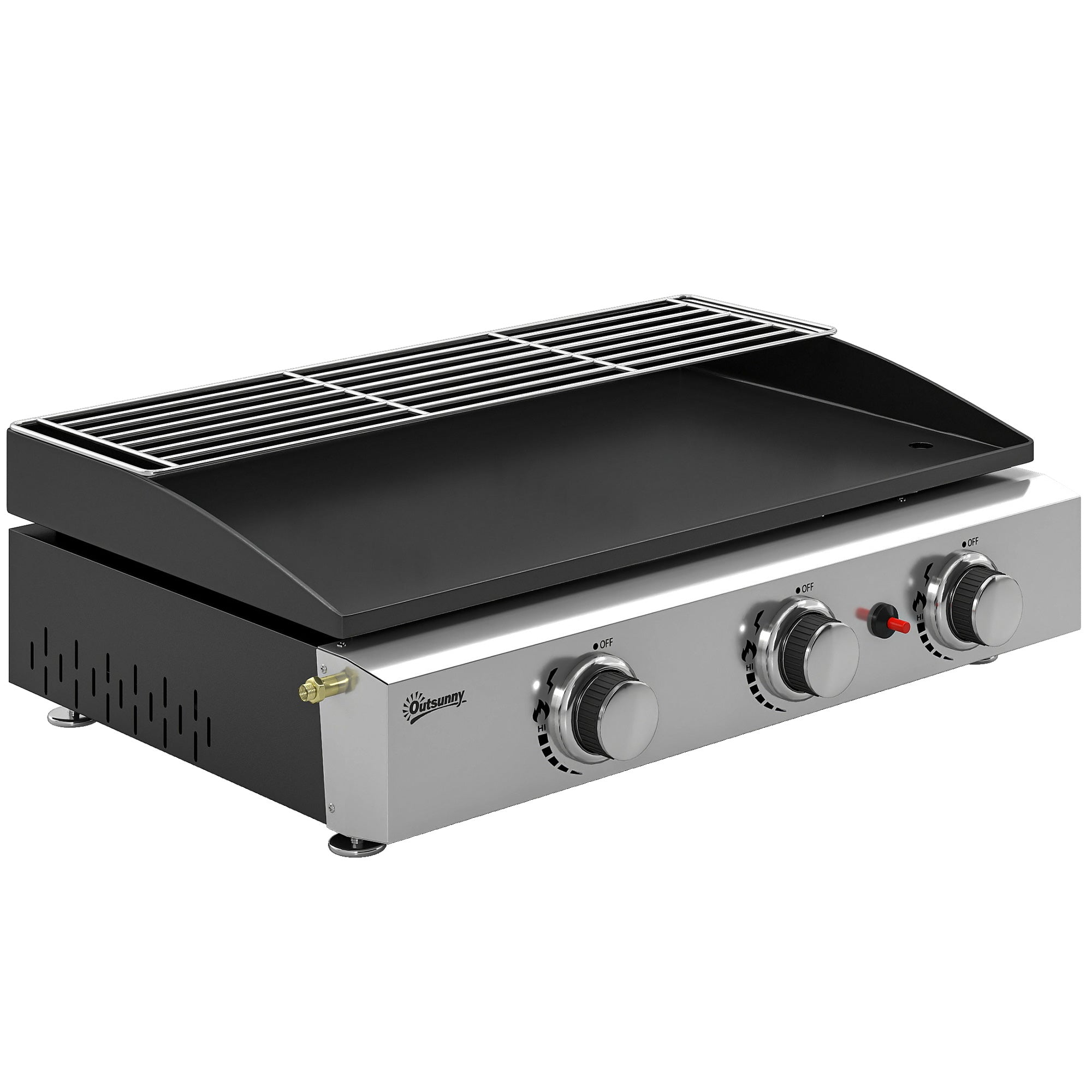 Outsunny 3 Burner Grill Griddle, Portable Gas Plancha with Warming Rack, 7.5 kW, Tabletop Gas BBQ with Grease Cup, Black