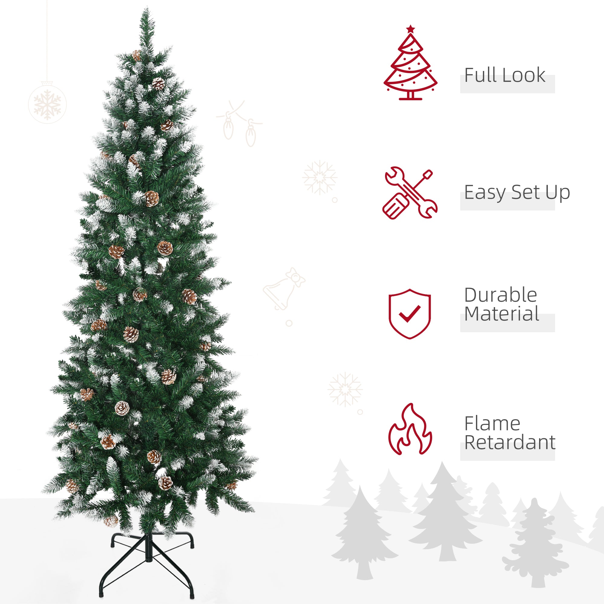 HOMCOM 6 Ft Snow Artificial Christmas Tree with Realistic Branches, Pine Cone, for Indoor Decoration, Green White