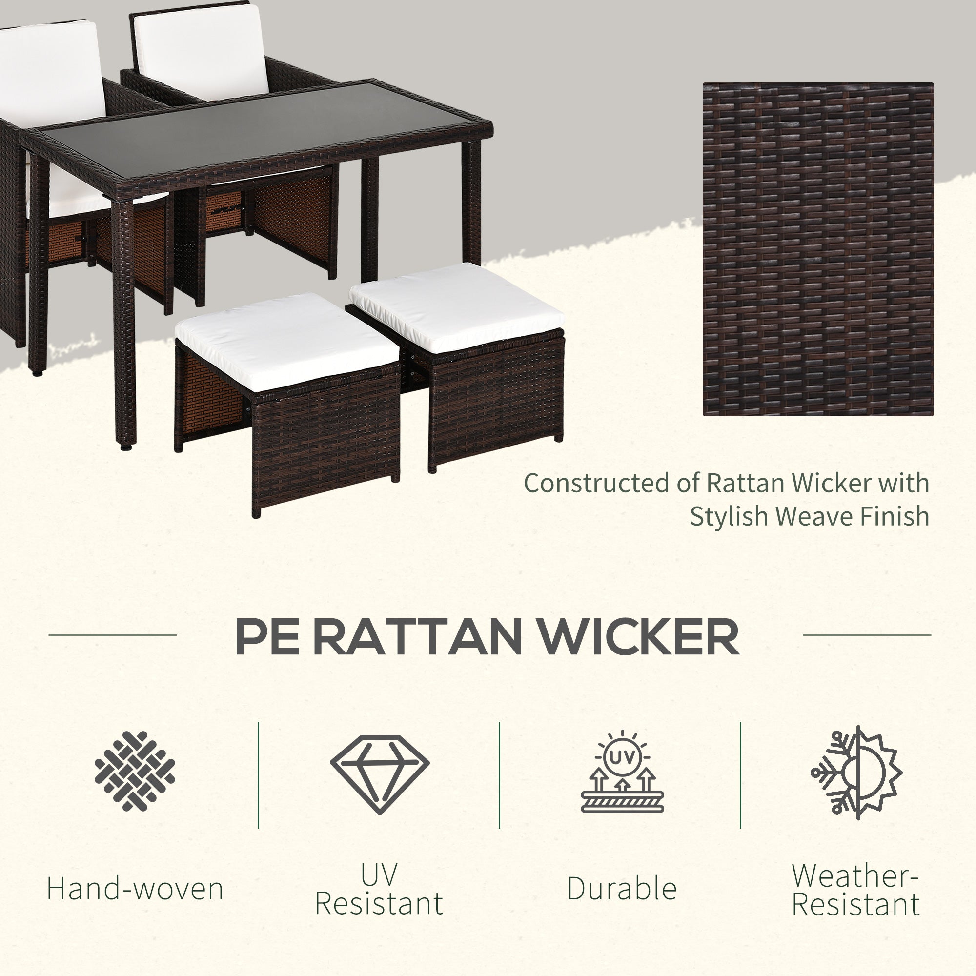 Outsunny 2 Seater Rattan Cube Garden Furniture Set, Rattan Dining Set with Cushions, Outdoor Dining Table and Chairs with 2 Armchairs, 2 Stools, Rectangular Glass Top Table for Patio, Balcony, Brown - North Peak Garden Furniture