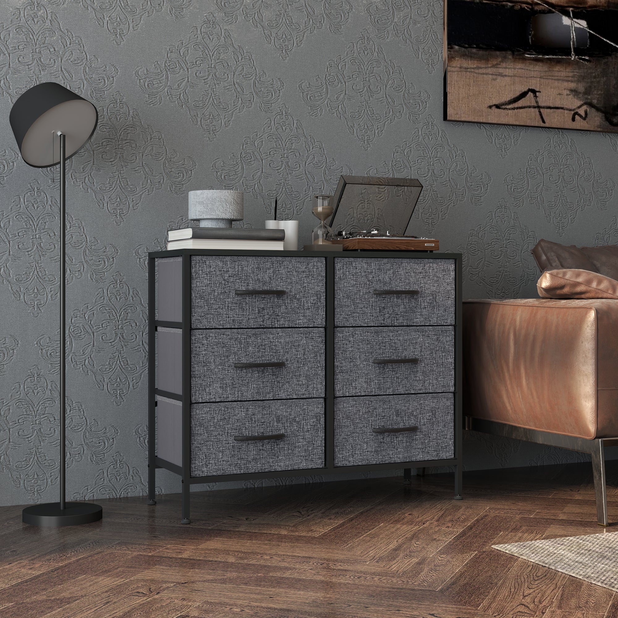 HOMCOM Fabric Chest of Drawers, Storage Drawers, Industrial Bedroom Dresser with 6 Fabric Drawers, Steel Frame and Wooden Top for Nursery, Living Room, Hallway, Black - North Peak Garden Furniture