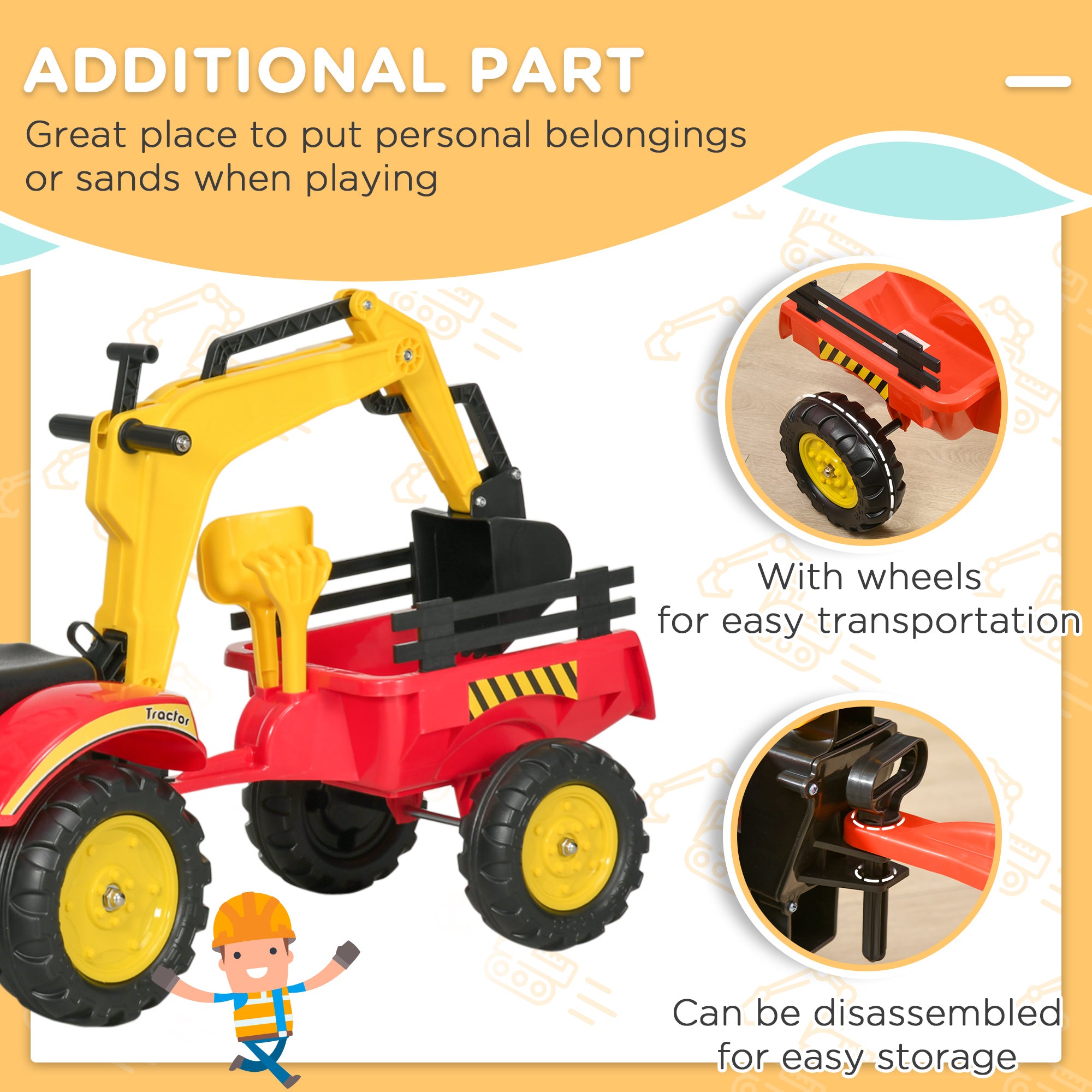 HOMCOM Kids Children Pedal Go Kart Ride On Toy Car Excavator Tractor w/ Moving Bucket Steering Wheel Removable Digger For 3 - 6 Years