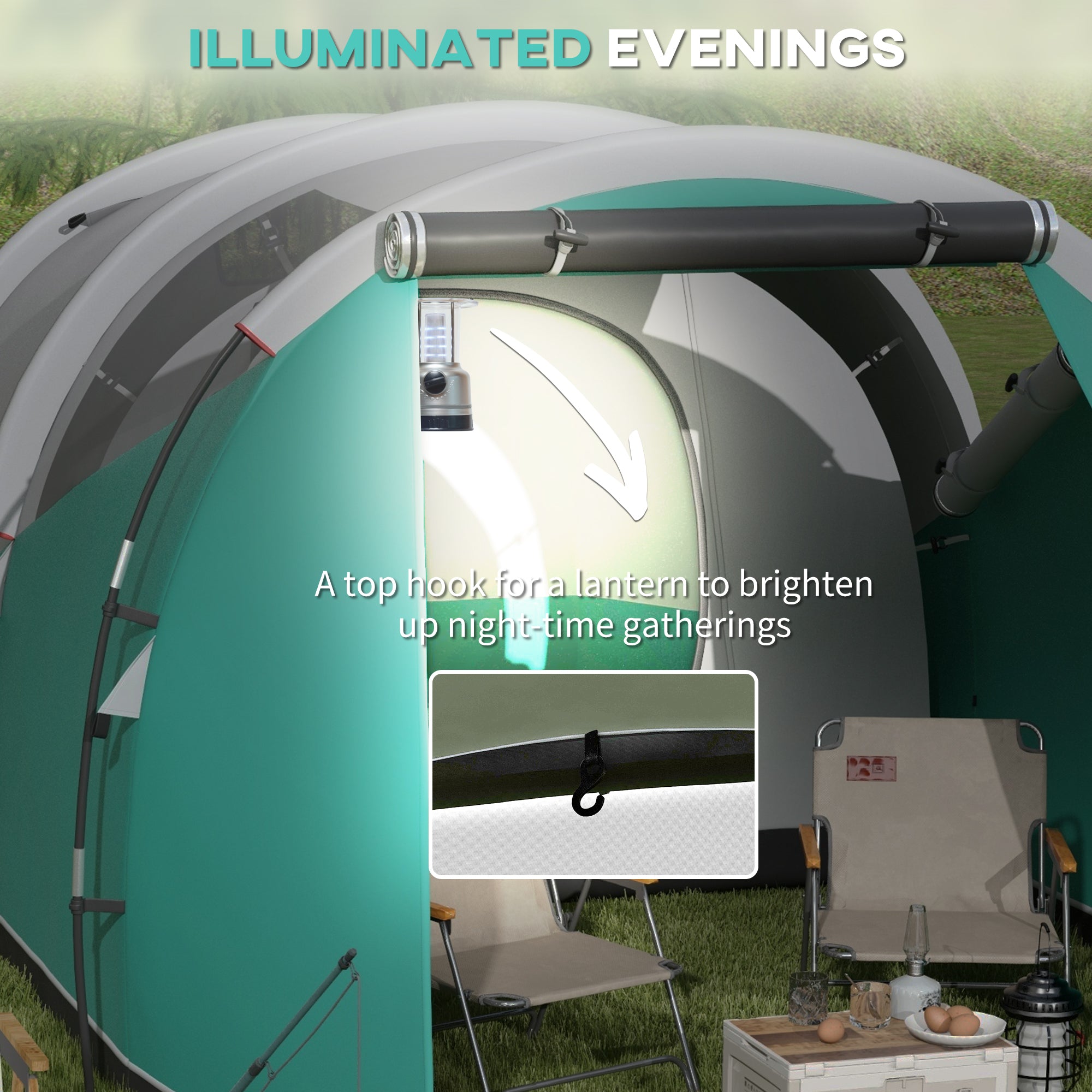 Outsunny Three-Man, 3000mm Water-Resistant Two-Room Tunnel Tent - Green - North Peak Garden Furniture