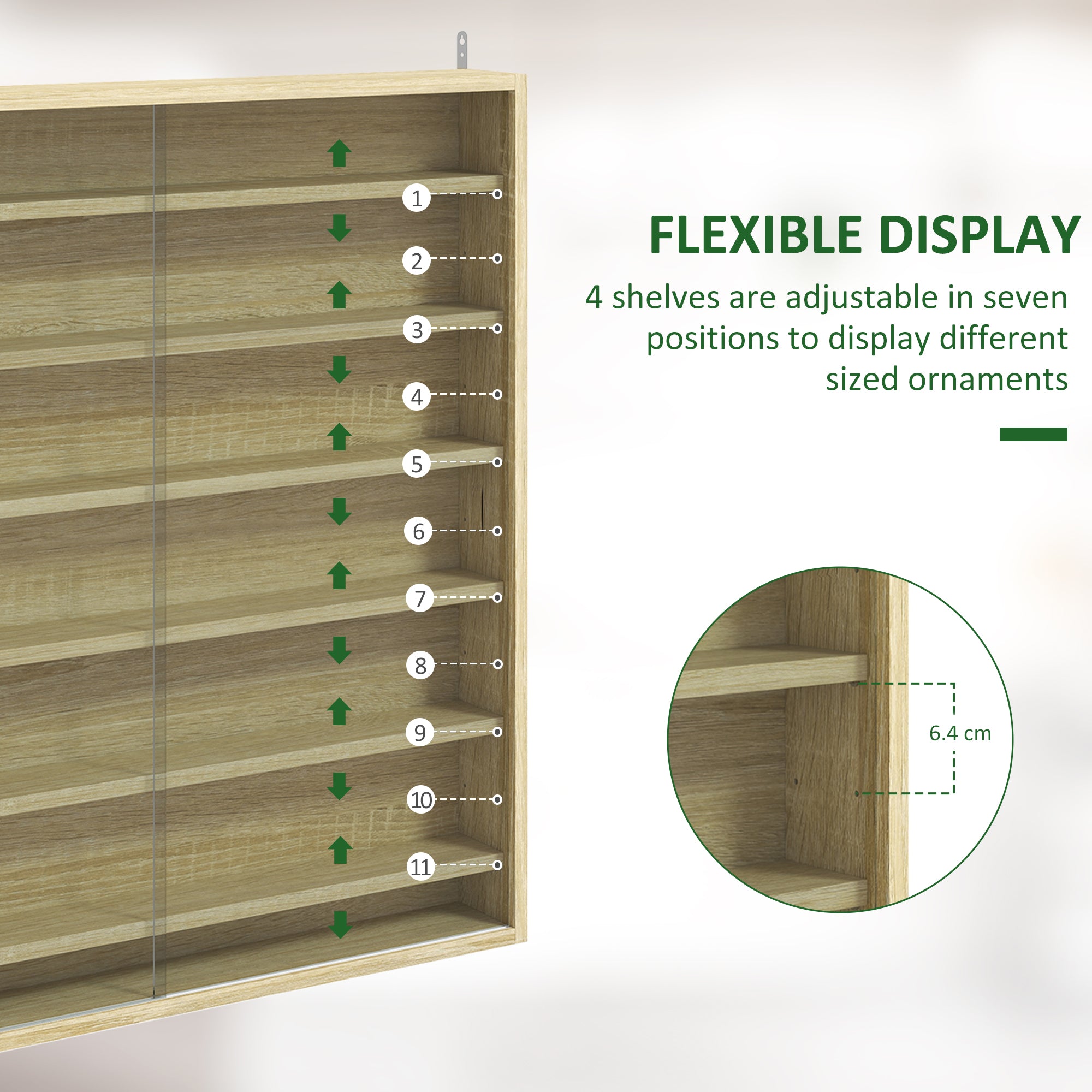 HOMCOM Six Shelf Display Cabinet, with Glass Doors - Oak - North Peak Garden Furniture