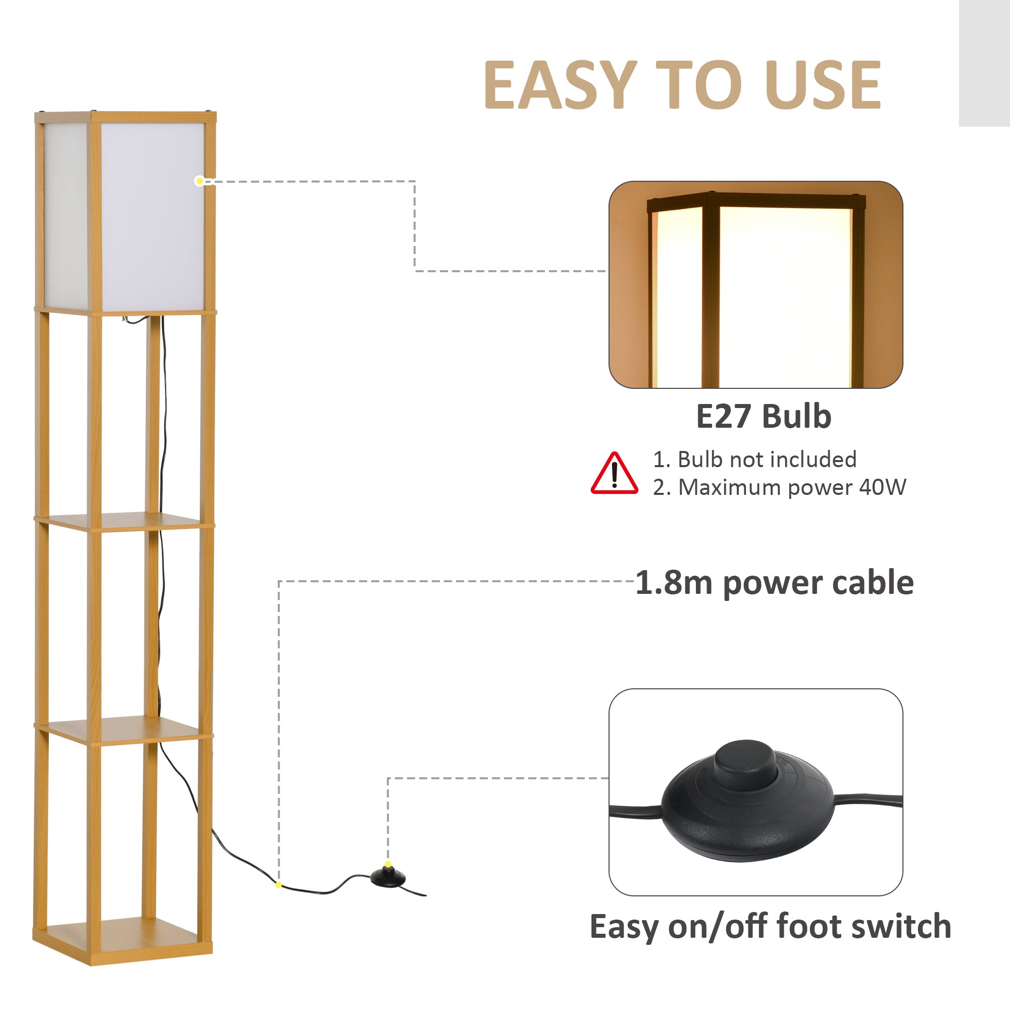 HOMCOM 3-Tier Floor Lamp, Floor Light with Storage Shelf, Reading Standing Lamp for Living Room, Bedroom, Kitchen, Dining Room, Office, Dorm, 160cm, Natural - North Peak Garden Furniture