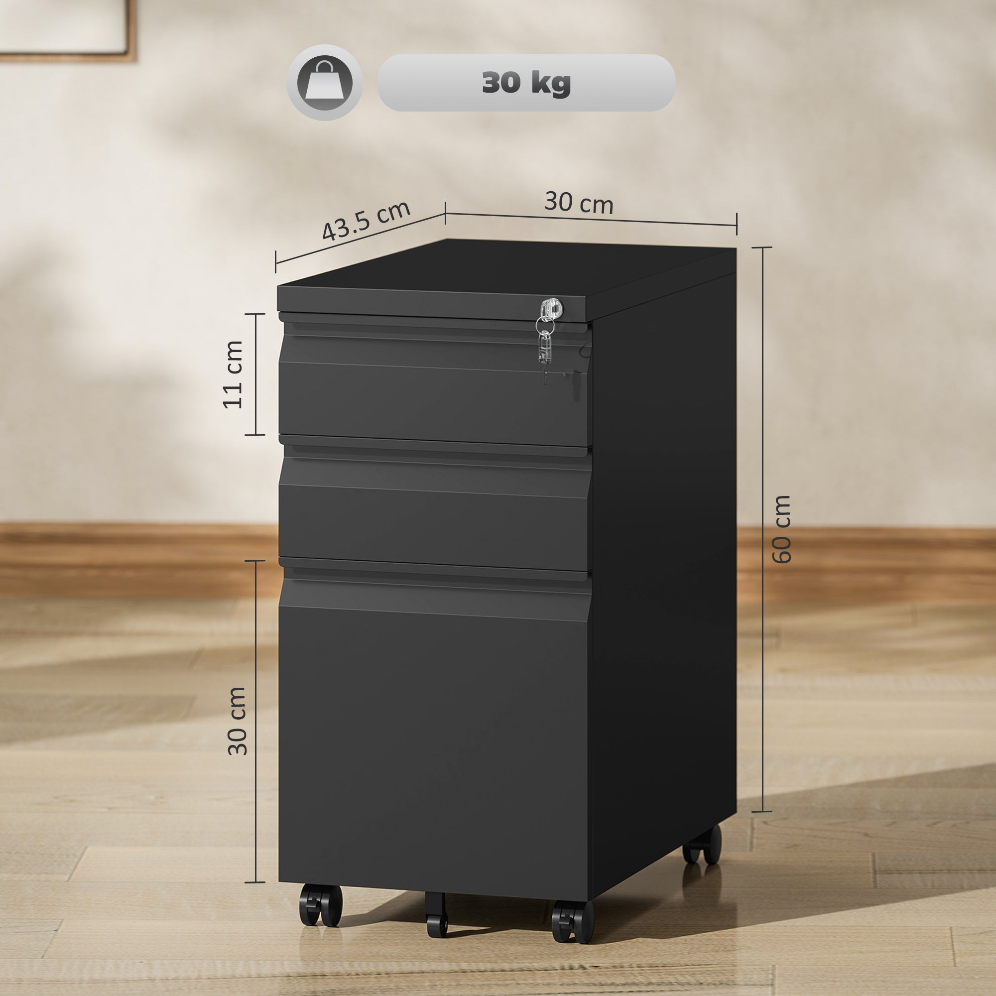 Vinsetto 3-Drawer Steel Filing Cabinet with Lock and Wheels - Black - North Peak Garden Furniture