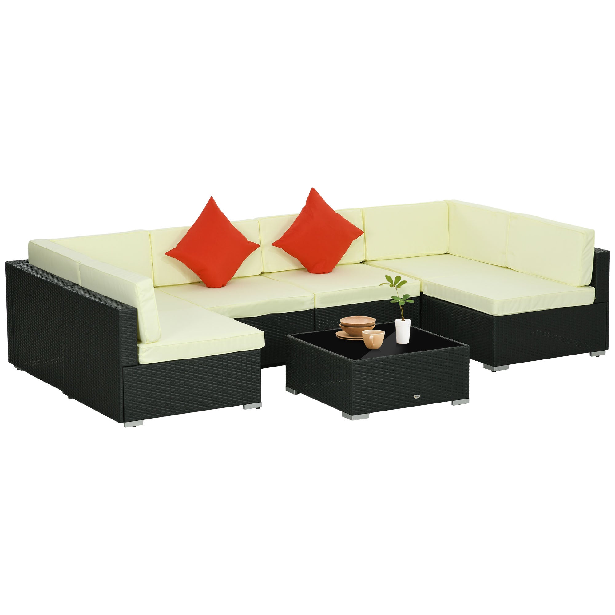 Outsunny Seven-Piece Rattan Garden Set, with Glass-Top Table - Black/Beige - North Peak Garden Furniture