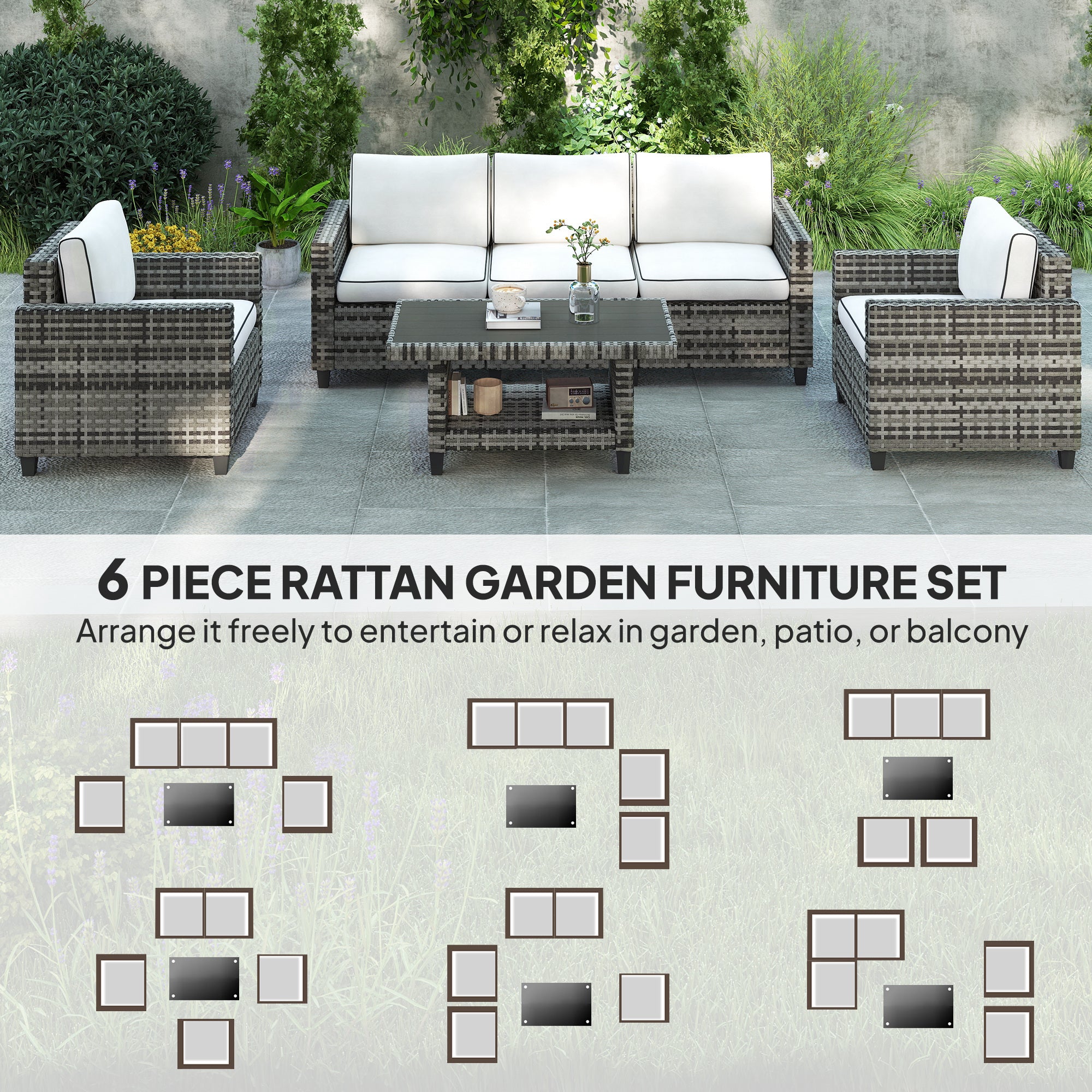 Outsunny Six-Piece Modular Rattan Sofa Set - Light Grey - North Peak Garden Furniture