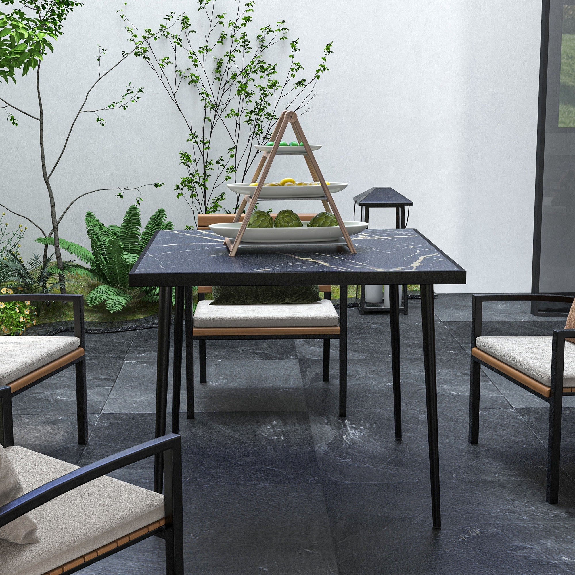 Outsunny Square Garden Table, Outdoor Dining Table for 4 with Marble Effect Tempered Glass Top and Steel Frame for Patio, Black - North Peak Garden Furniture