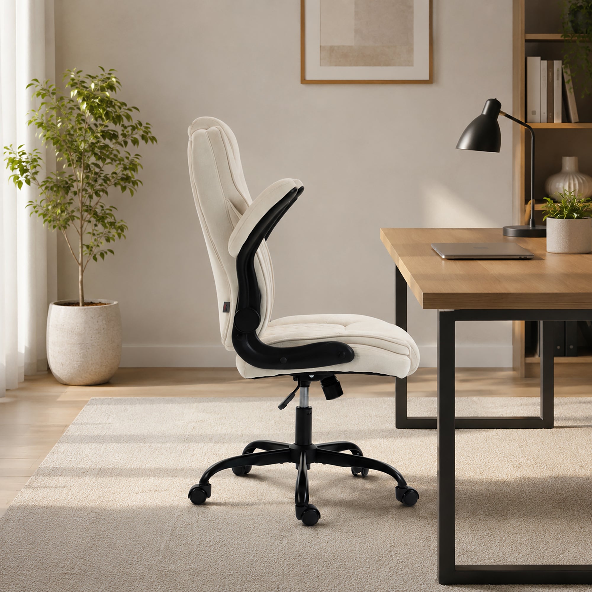 HOMCOM Office Chair, Ergonomic Desk Chair with Flip-up Armrest, Pocket Springs, Swivel Wheels, Adjustable Height, Beige