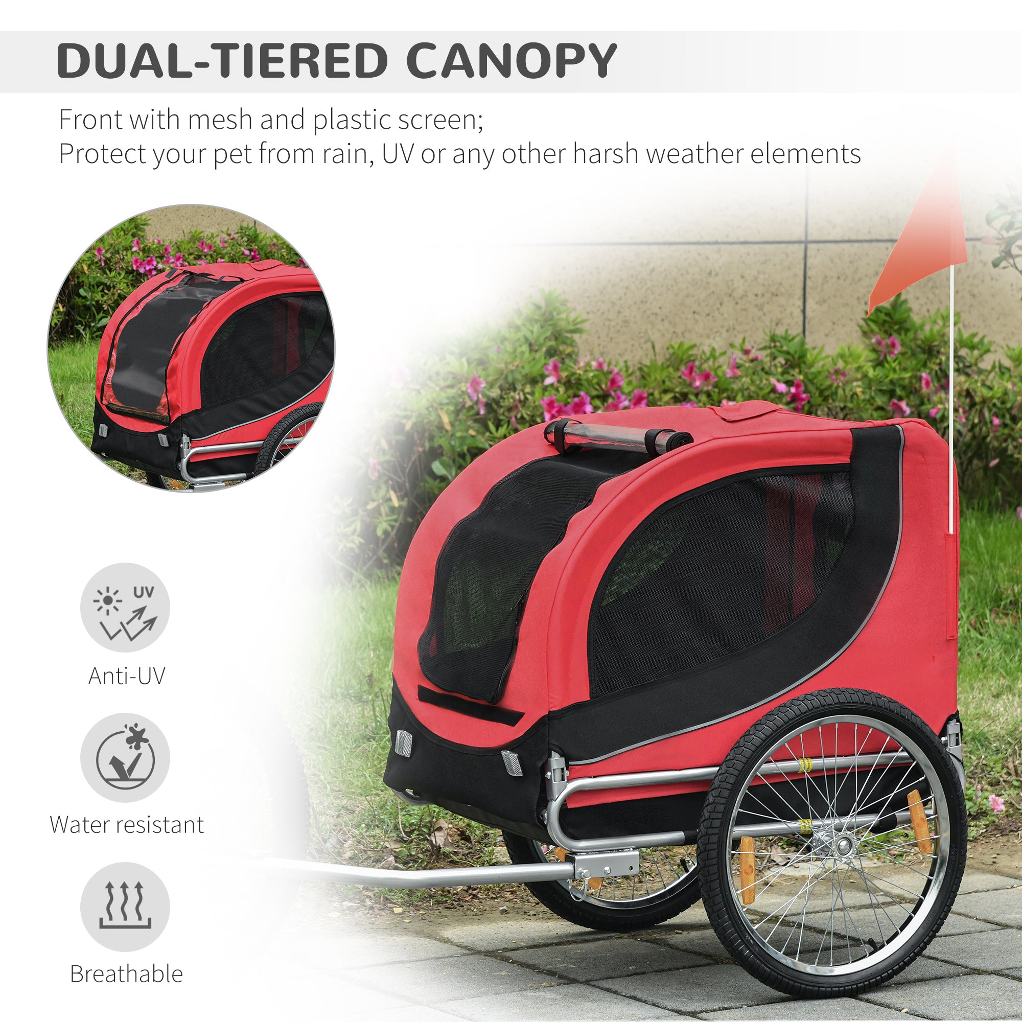 PawHut Steel Dog Bike Trailer Pet Cart Carrier for Bicycle Kit Water Resistant with Hitch Coupler Travel Black and Red - North Peak Garden Furniture