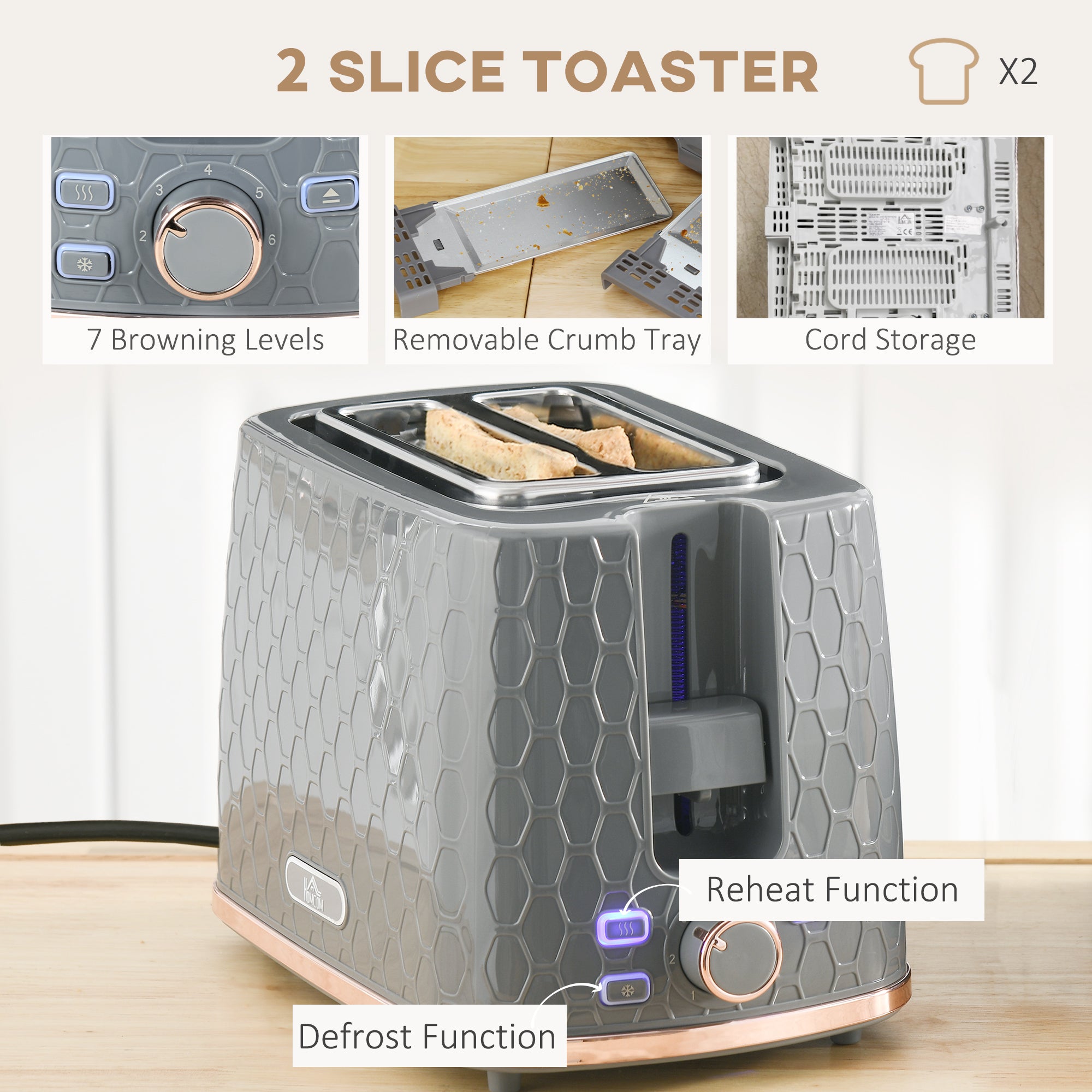 HOMCOM 1.7L 3000W Fast Boil Kettle & 2 Slice Toaster Set, Kettle and Toaster Set with Auto Shut Off, Browning Controls, Grey - North Peak Garden Furniture