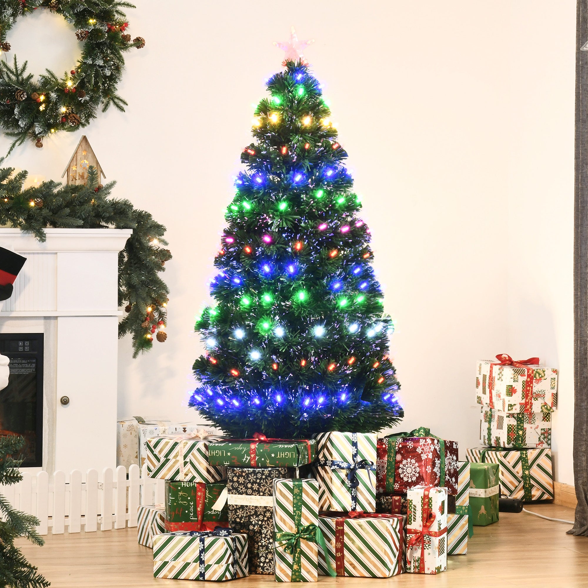 HOMCOM 5FT Pre-Lit Artificial Christmas Tree w/ Lights Star Topper Metal Base Home Seasonal Decoration - North Peak Garden Furniture