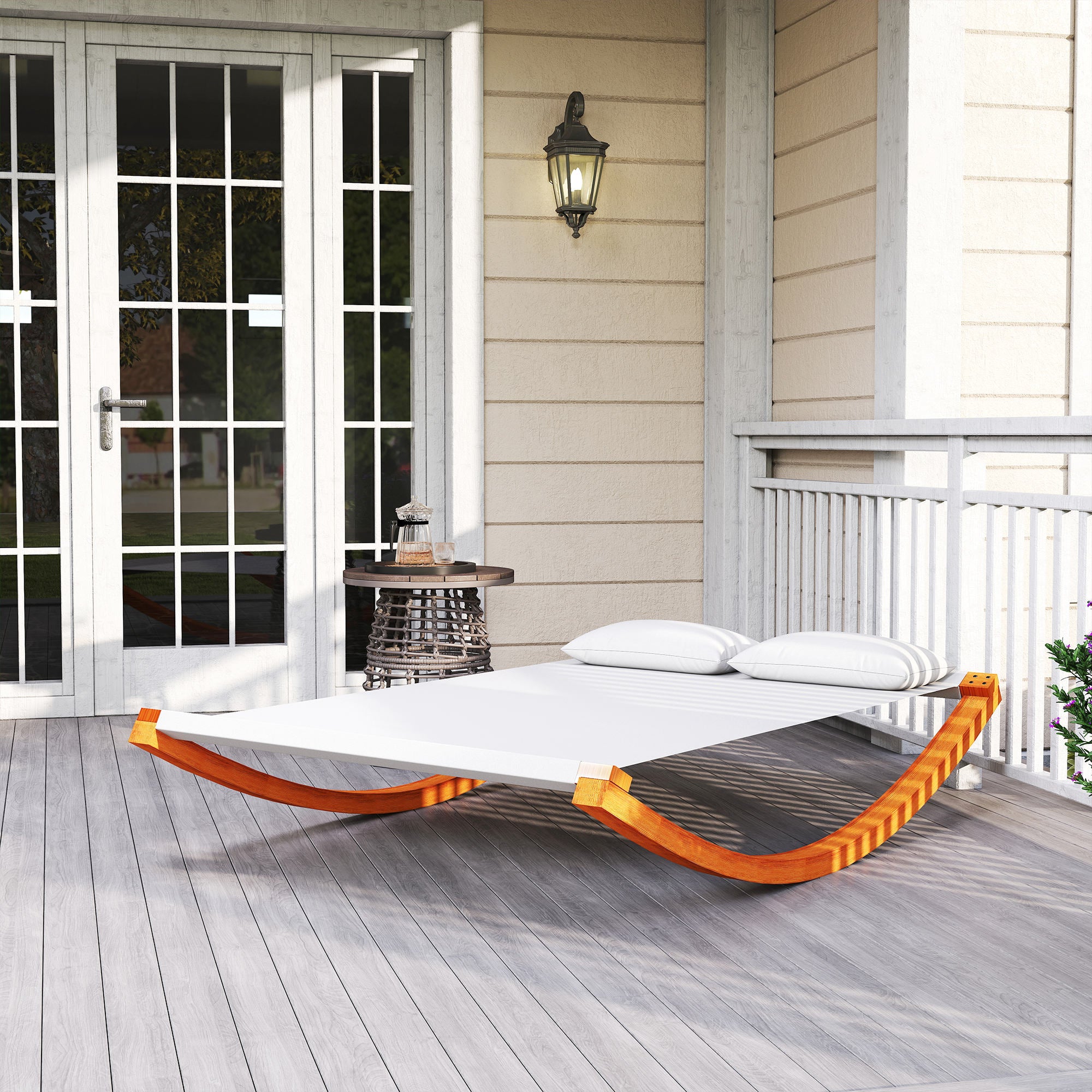 Outsunny Garden Day Rocking Bed Sun Lounger Patio Furniture Hammock With Pillows Wood - North Peak Garden Furniture