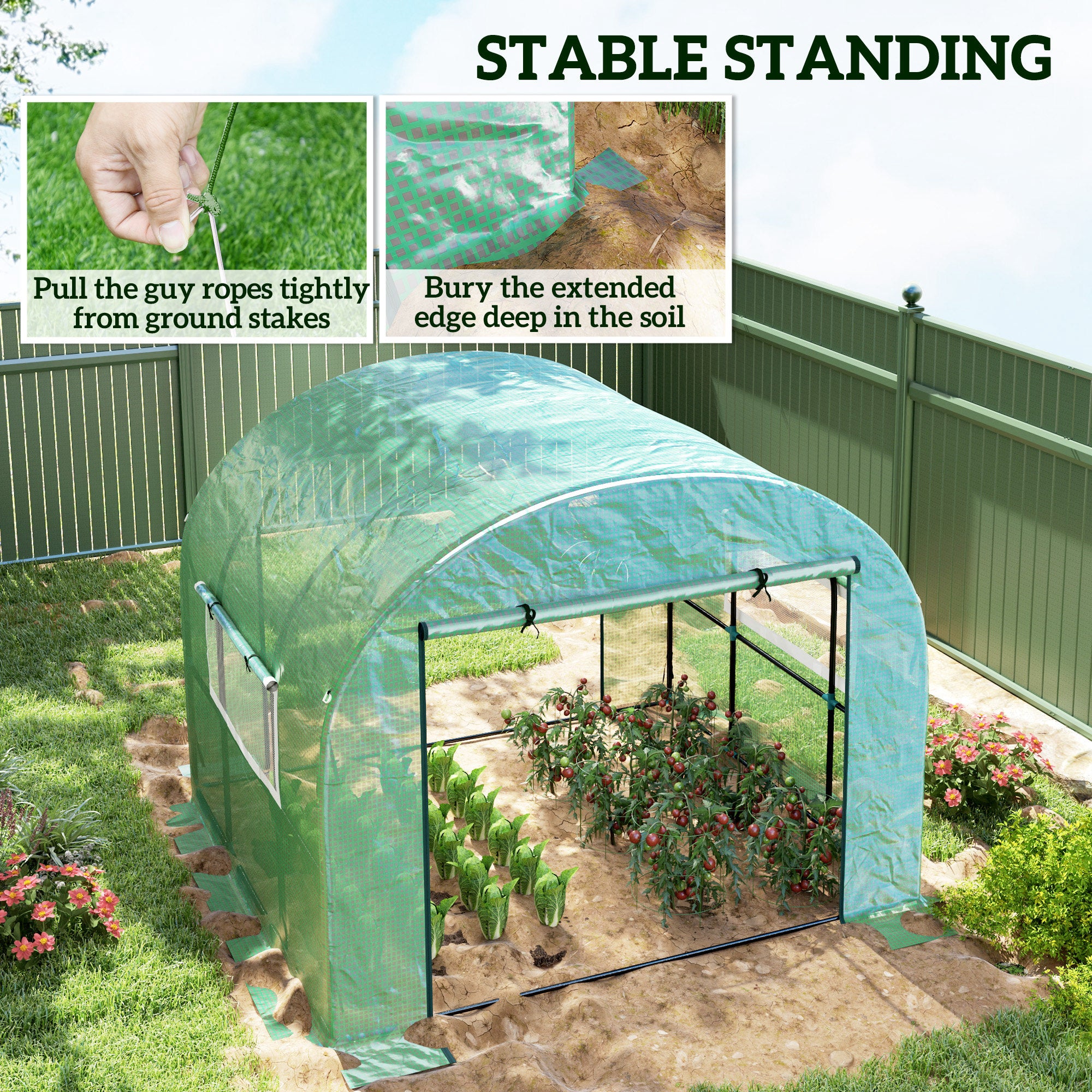 Outsunny 300 x 300cm Walk-In Polytunnel Greenhouse - Green - North Peak Garden Furniture